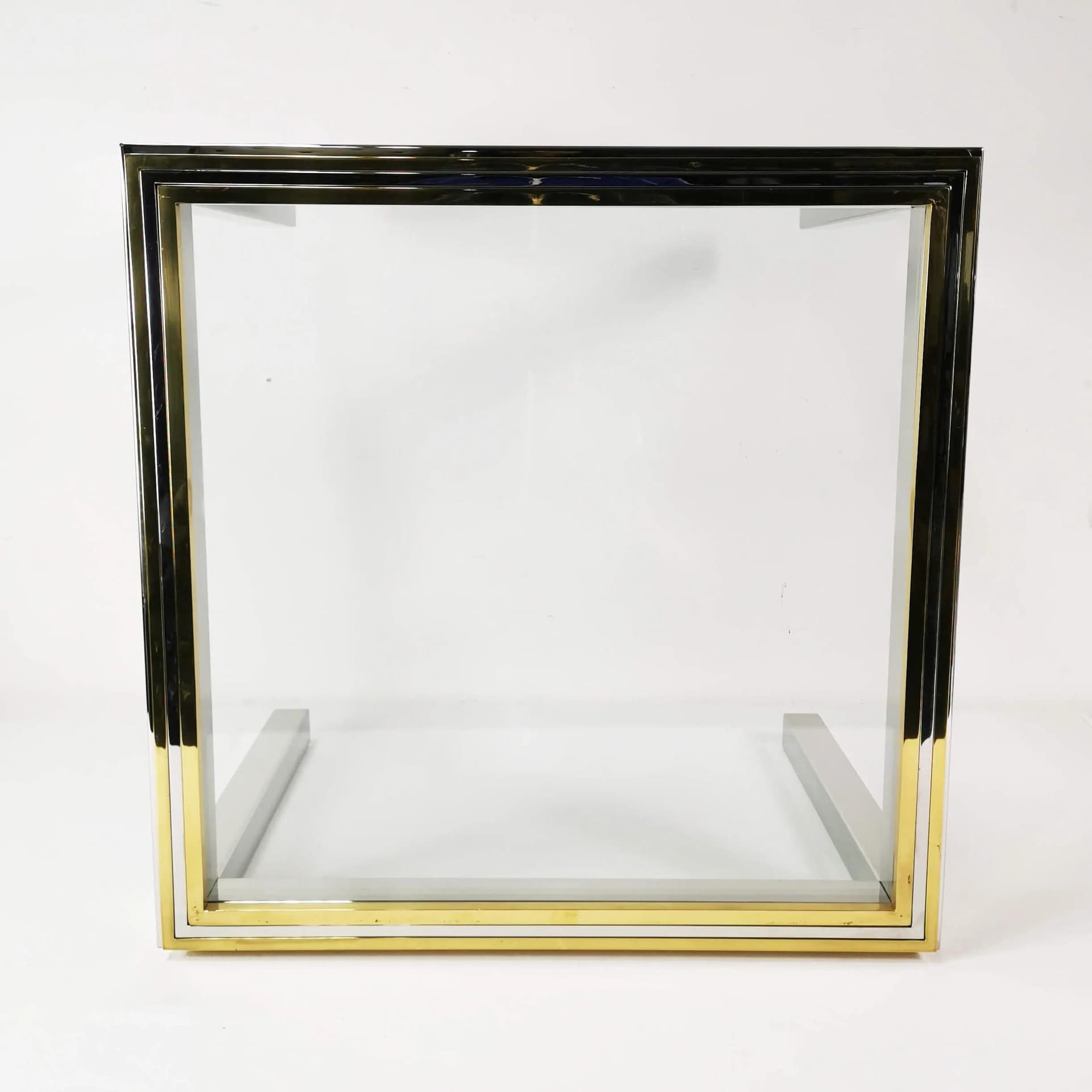 Coffee table Flaminia, silver chrome, gold brass, transparent glass, by W. Rizzo, Italy, 1970s. - 337179