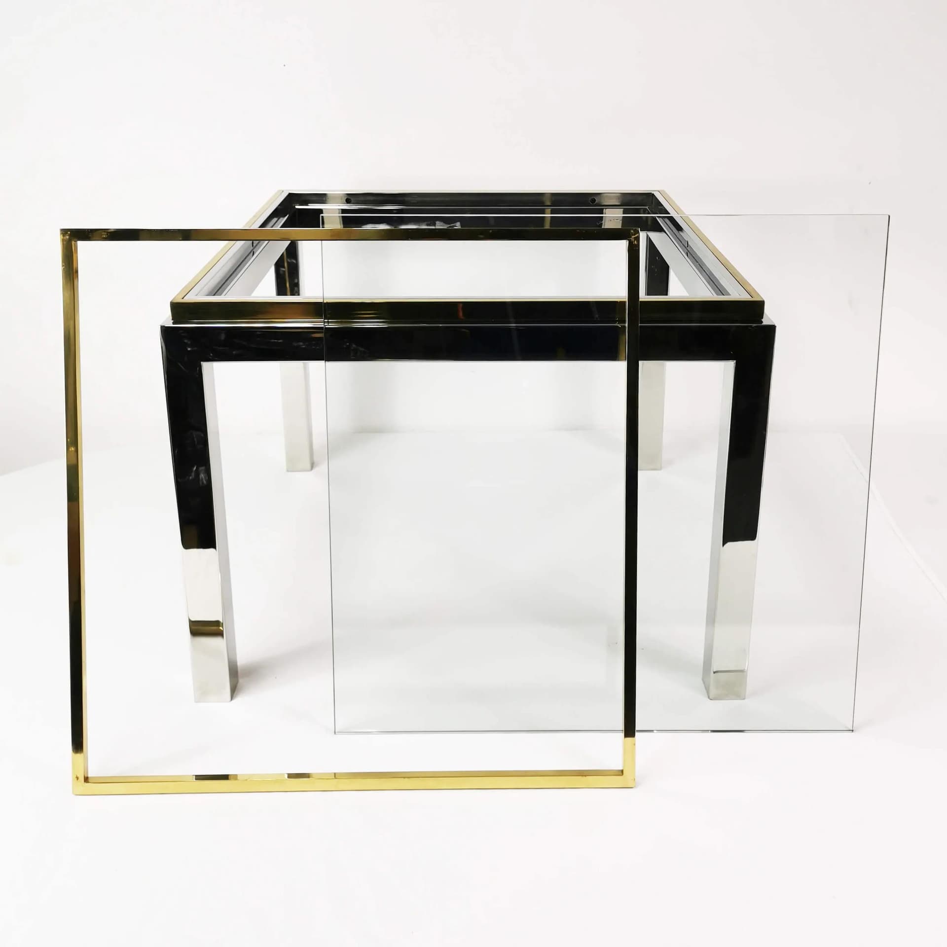 Coffee table Flaminia, silver chrome, gold brass, transparent glass, by W. Rizzo, Italy, 1970s. - 337175