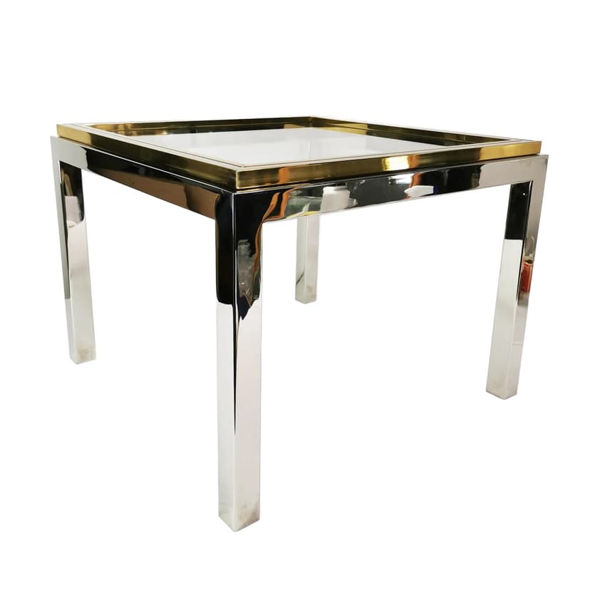 Coffee table Flaminia, silver chrome, gold brass, transparent glass, by W. Rizzo, Italy, 1970s.