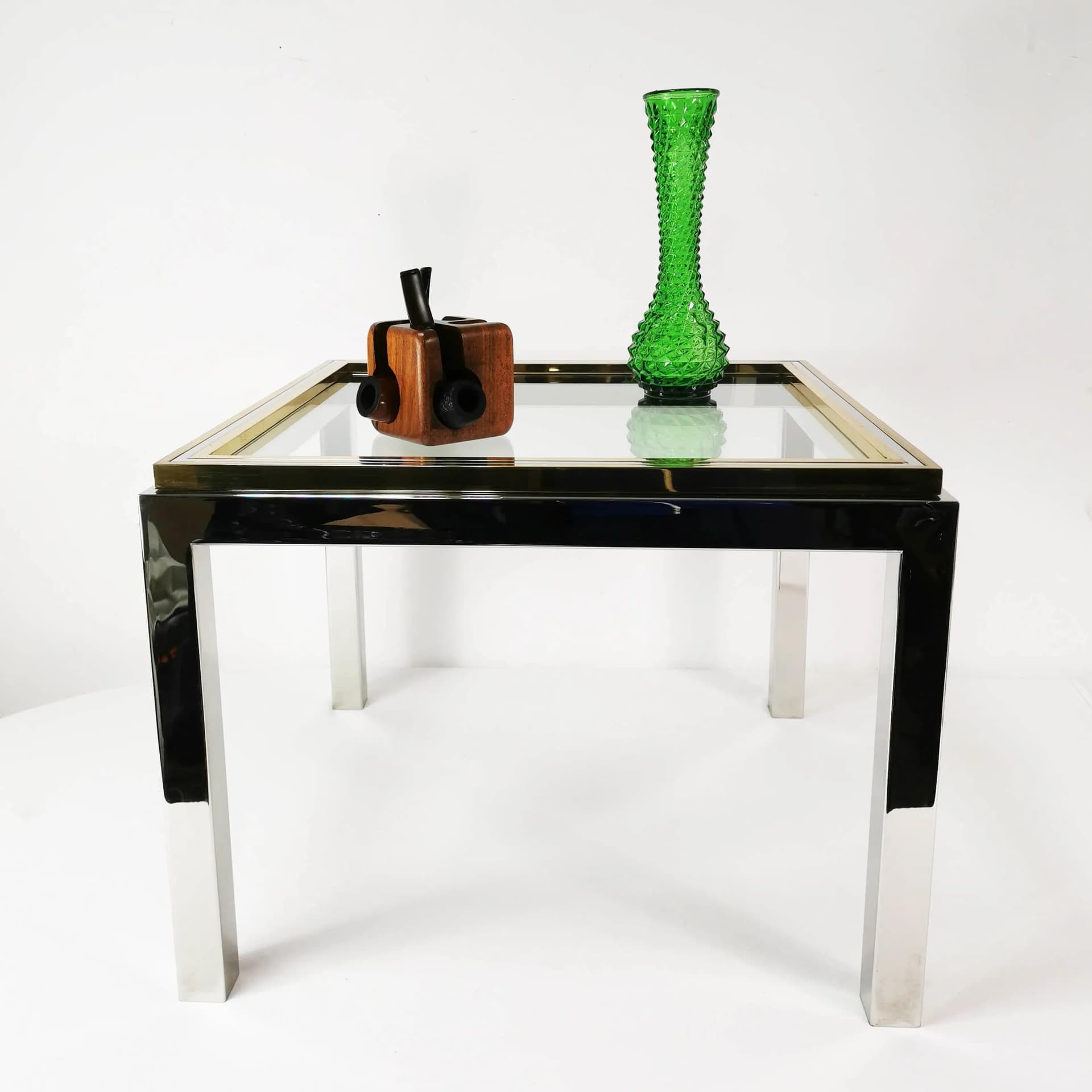 Coffee table Flaminia, silver chrome, gold brass, transparent glass, by W. Rizzo, Italy, 1970s. - 337173