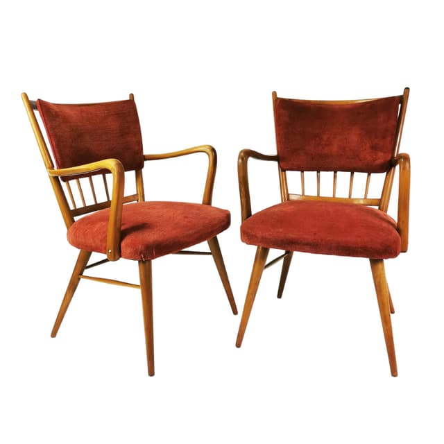 Para foteli Mid Century, buk brązowy, tkanina czerwona, Casala, Niemcy, lata 50. - WYMIARY