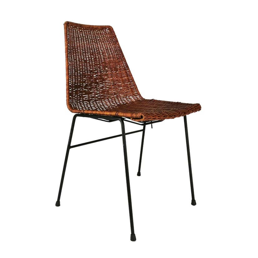 Krzesło minimalistyczne, rattan brązowy, metal czarny, proj. G. F. Legler, Włochy, lata 50.
