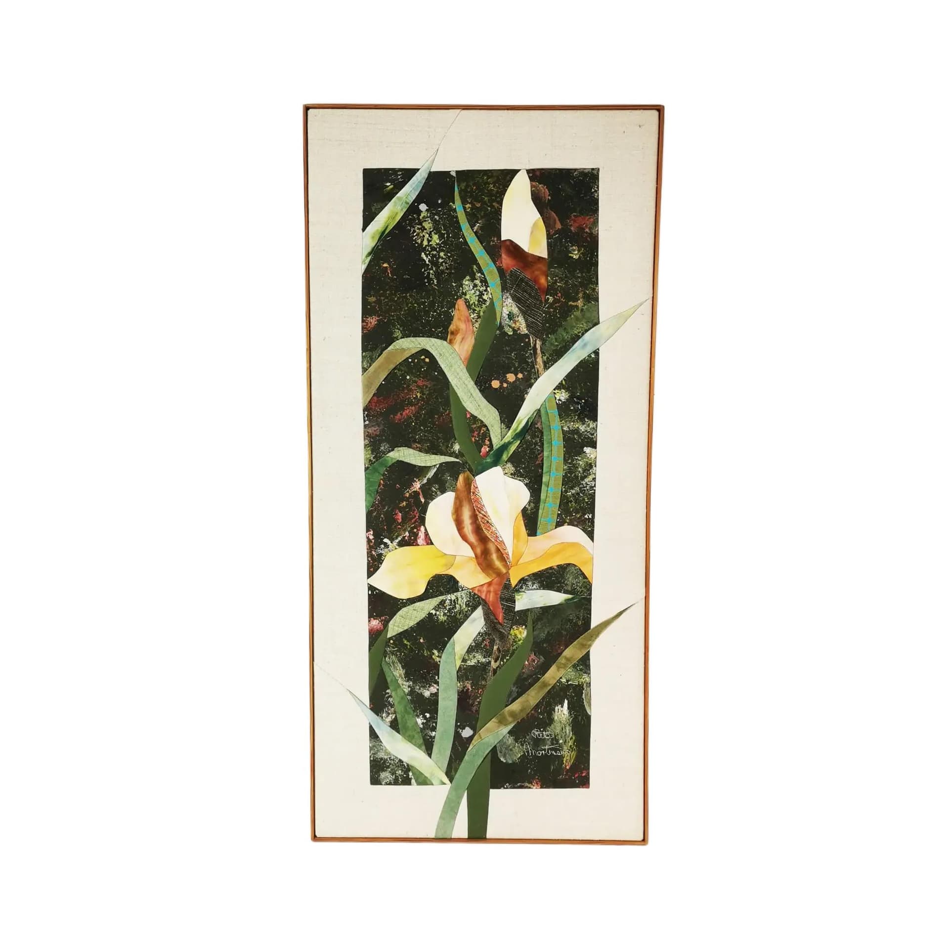 Wall tapestry, green yellow white blue brown, cotton fabric wooden frame, art. R. Mortensen, Denmark, 1990s.
