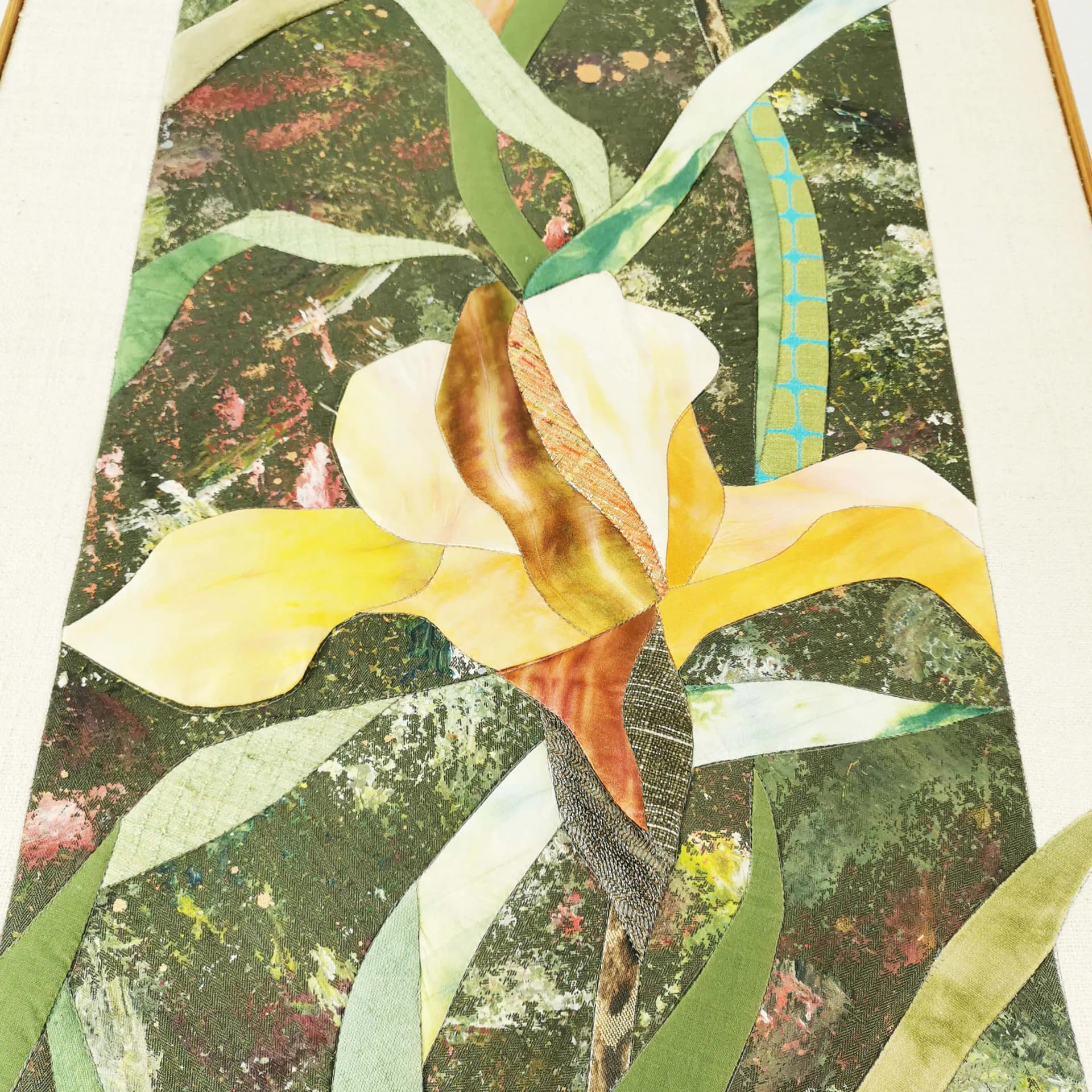 Wall tapestry, green yellow white blue brown, cotton fabric wooden frame, art. R. Mortensen, Denmark, 1990s. - 336905
