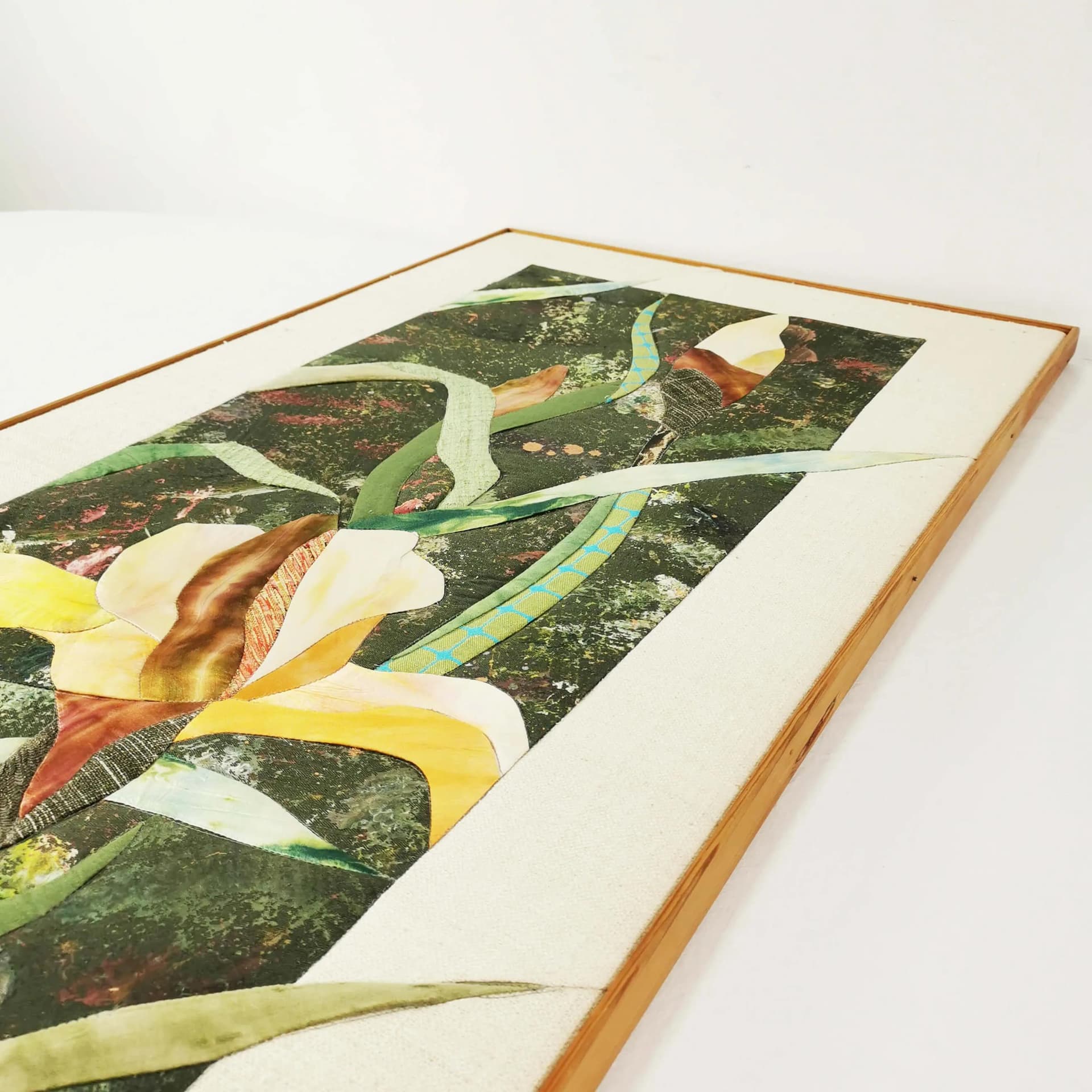 Wall tapestry, green yellow white blue brown, cotton fabric wooden frame, art. R. Mortensen, Denmark, 1990s. - 336903