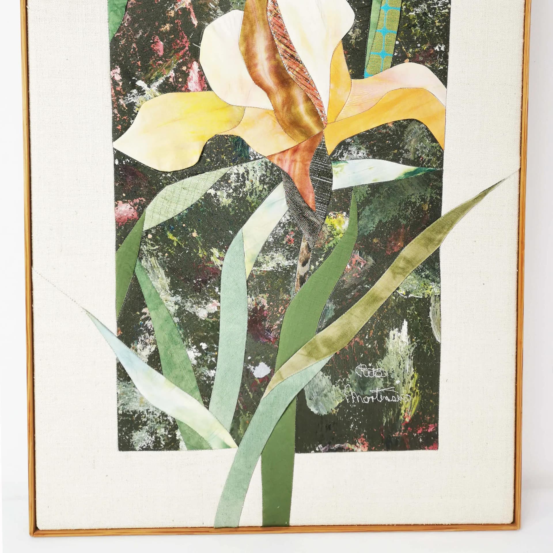 Wall tapestry, green yellow white blue brown, cotton fabric wooden frame, art. R. Mortensen, Denmark, 1990s. - 336904