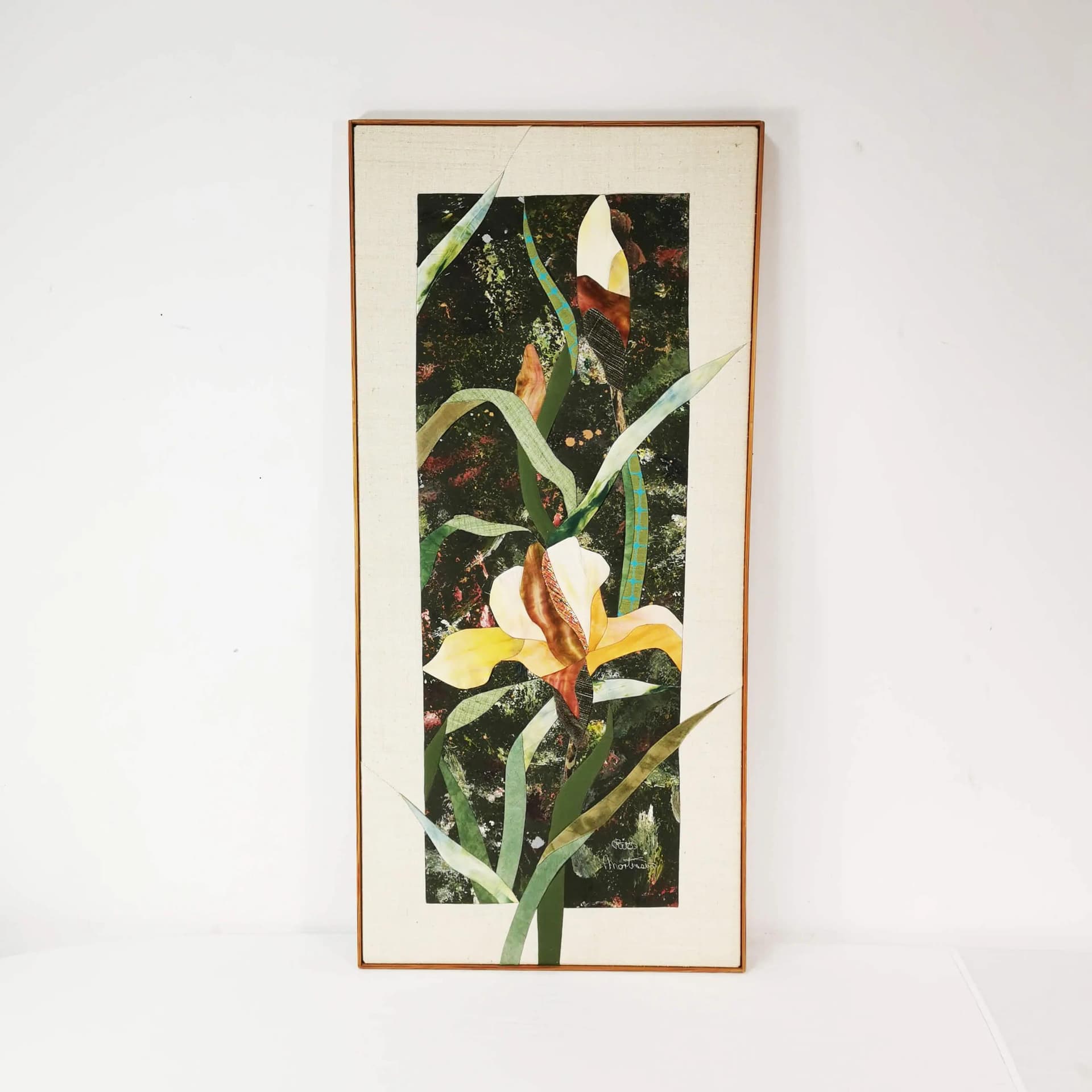 Wall tapestry, green yellow white blue brown, cotton fabric wooden frame, art. R. Mortensen, Denmark, 1990s. - 336901