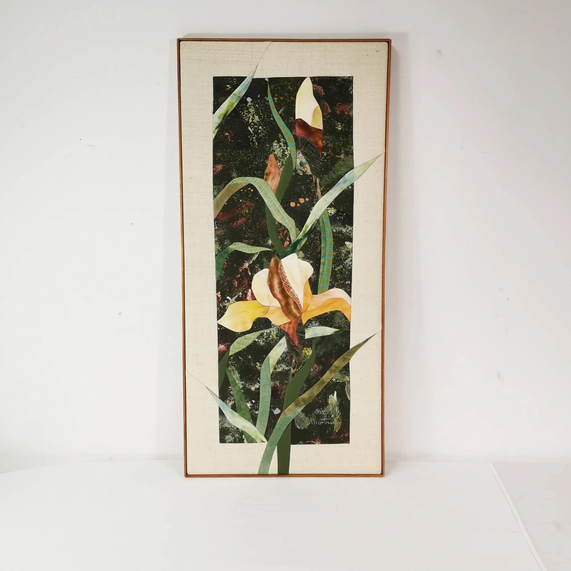 Wall tapestry, green yellow white blue brown, cotton fabric wooden frame, art. R. Mortensen, Denmark, 1990s. - 336908