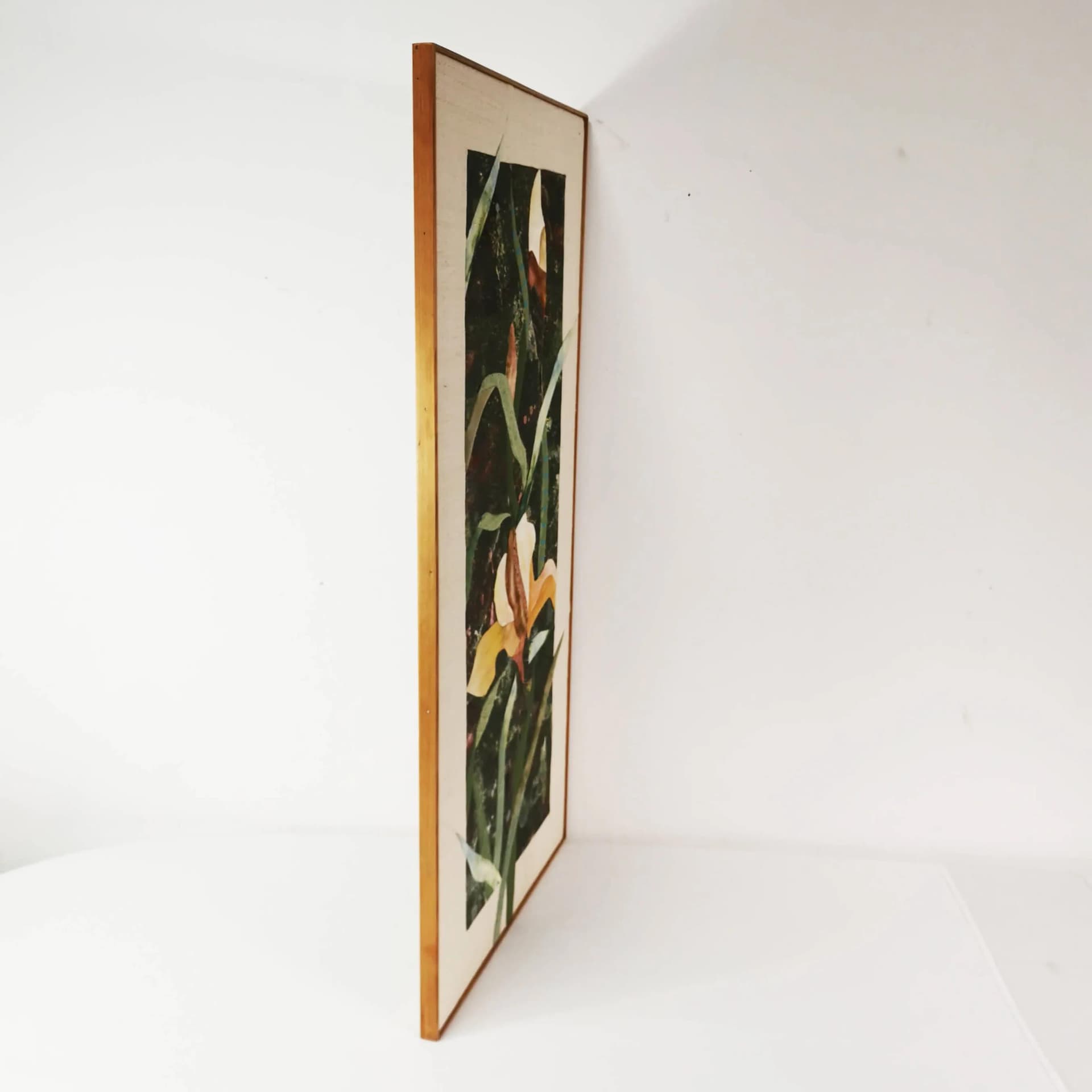 Wall tapestry, green yellow white blue brown, cotton fabric wooden frame, art. R. Mortensen, Denmark, 1990s. - 336902
