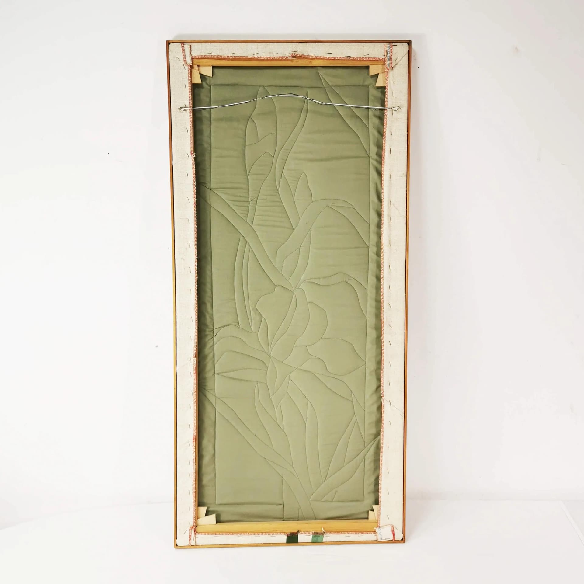 Wall tapestry, green yellow white blue brown, cotton fabric wooden frame, art. R. Mortensen, Denmark, 1990s. - 336906