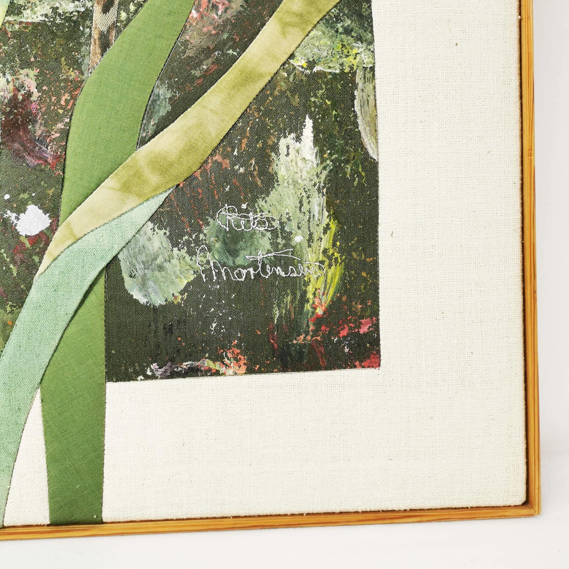 Wall tapestry, green yellow white blue brown, cotton fabric wooden frame, art. R. Mortensen, Denmark, 1990s. - 336907