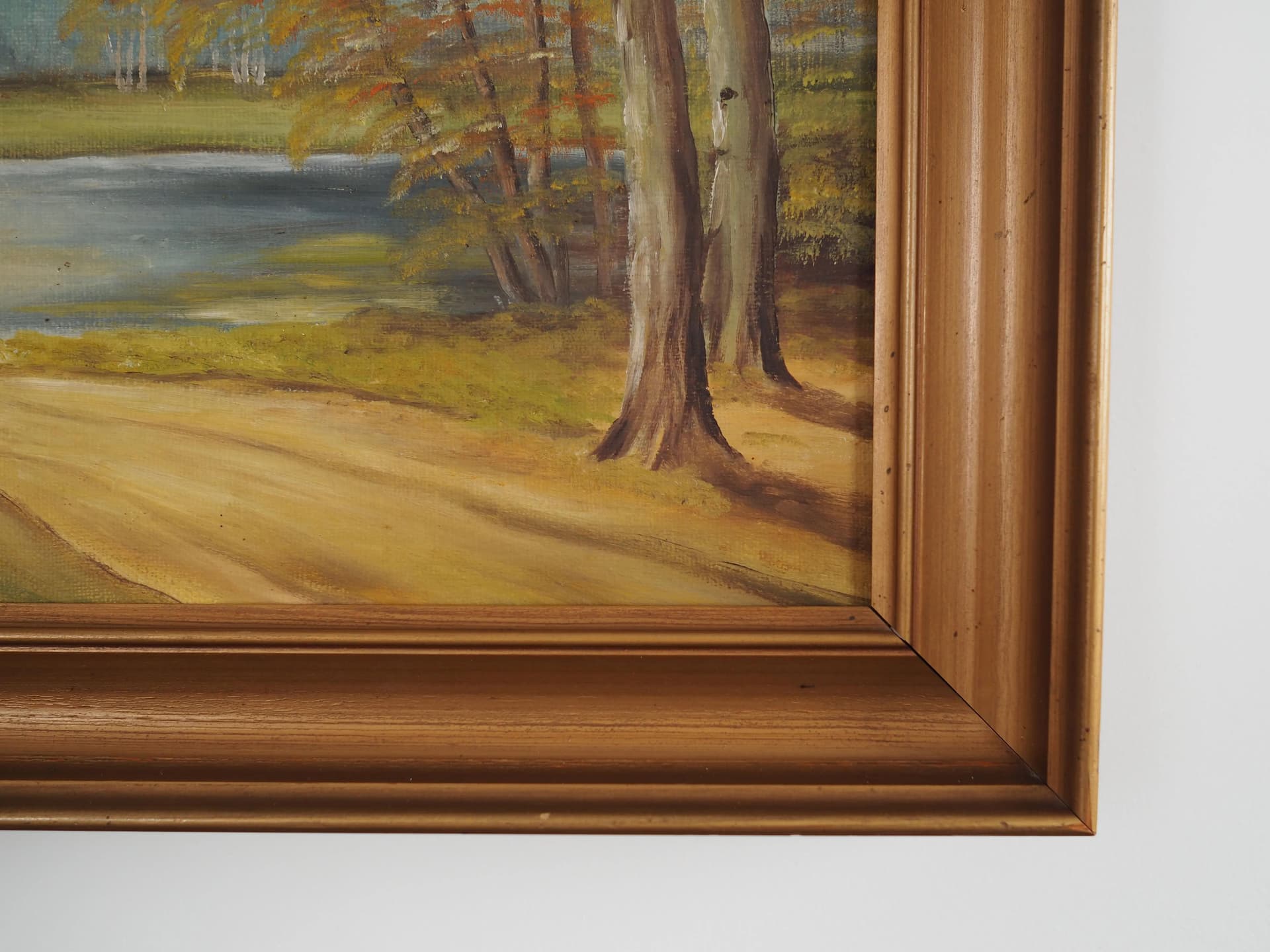 Painting Two Birches by the Pond, Scandinavian design, golden, canvas, wood, Poland, 1970s. - 25273