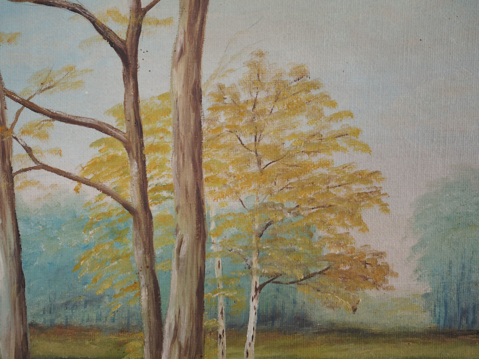 Painting Two Birches by the Pond, Scandinavian design, golden, canvas, wood, Poland, 1970s. - 66322