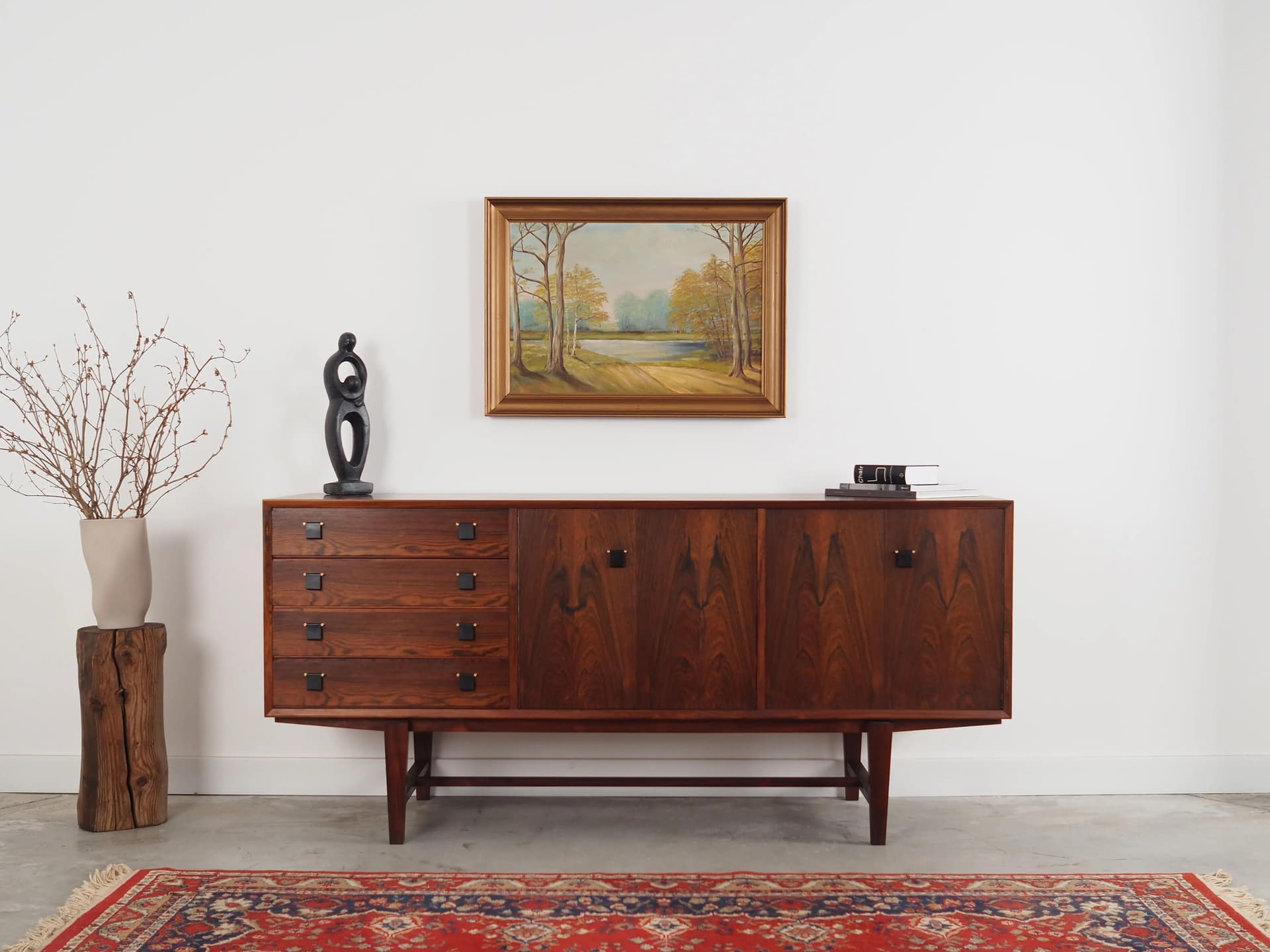 Painting Two Birches by the Pond, Scandinavian design, golden, canvas, wood, Poland, 1970s. - 25268