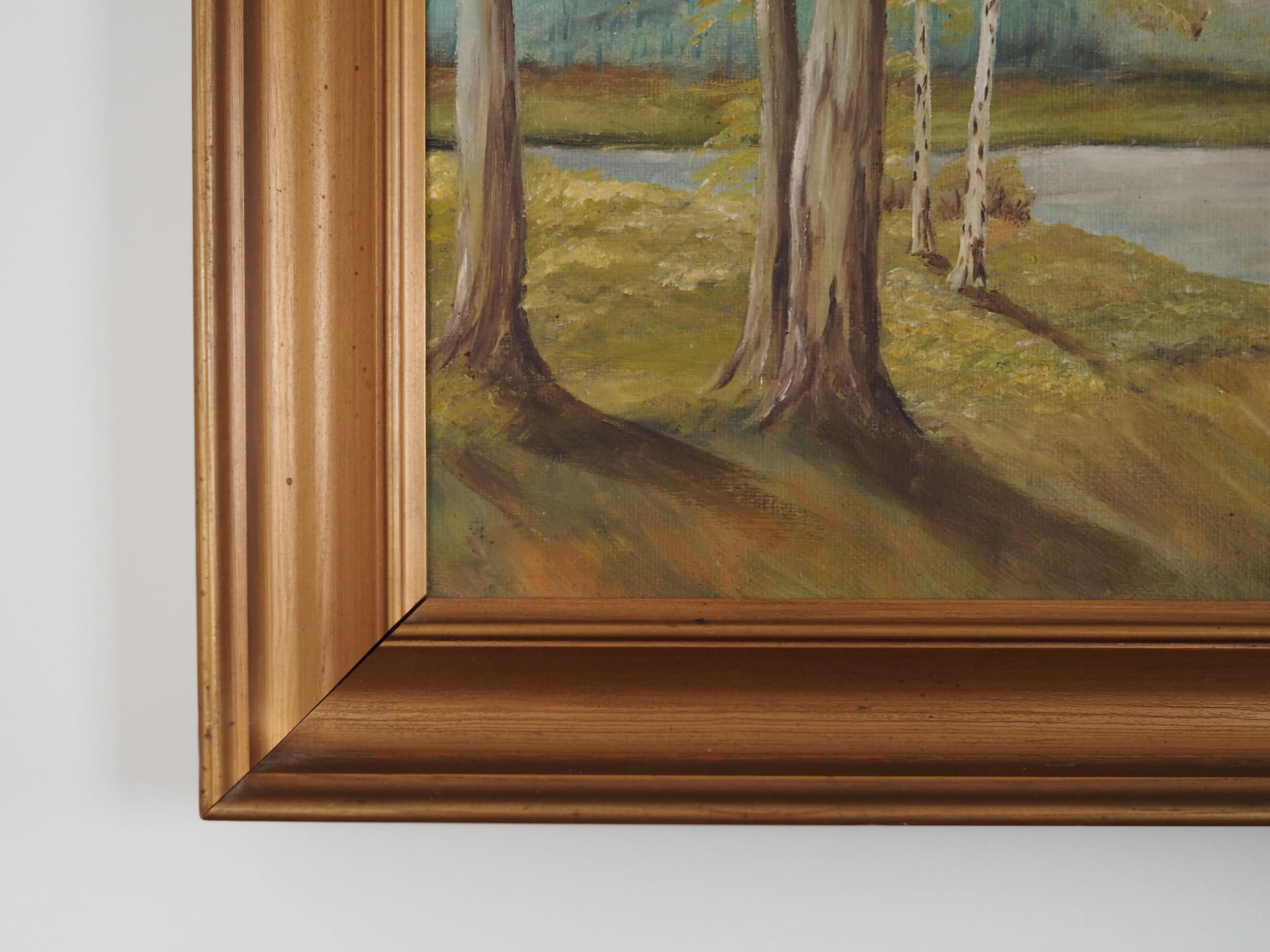 Painting Two Birches by the Pond, Scandinavian design, golden, canvas, wood, Poland, 1970s. - 25272