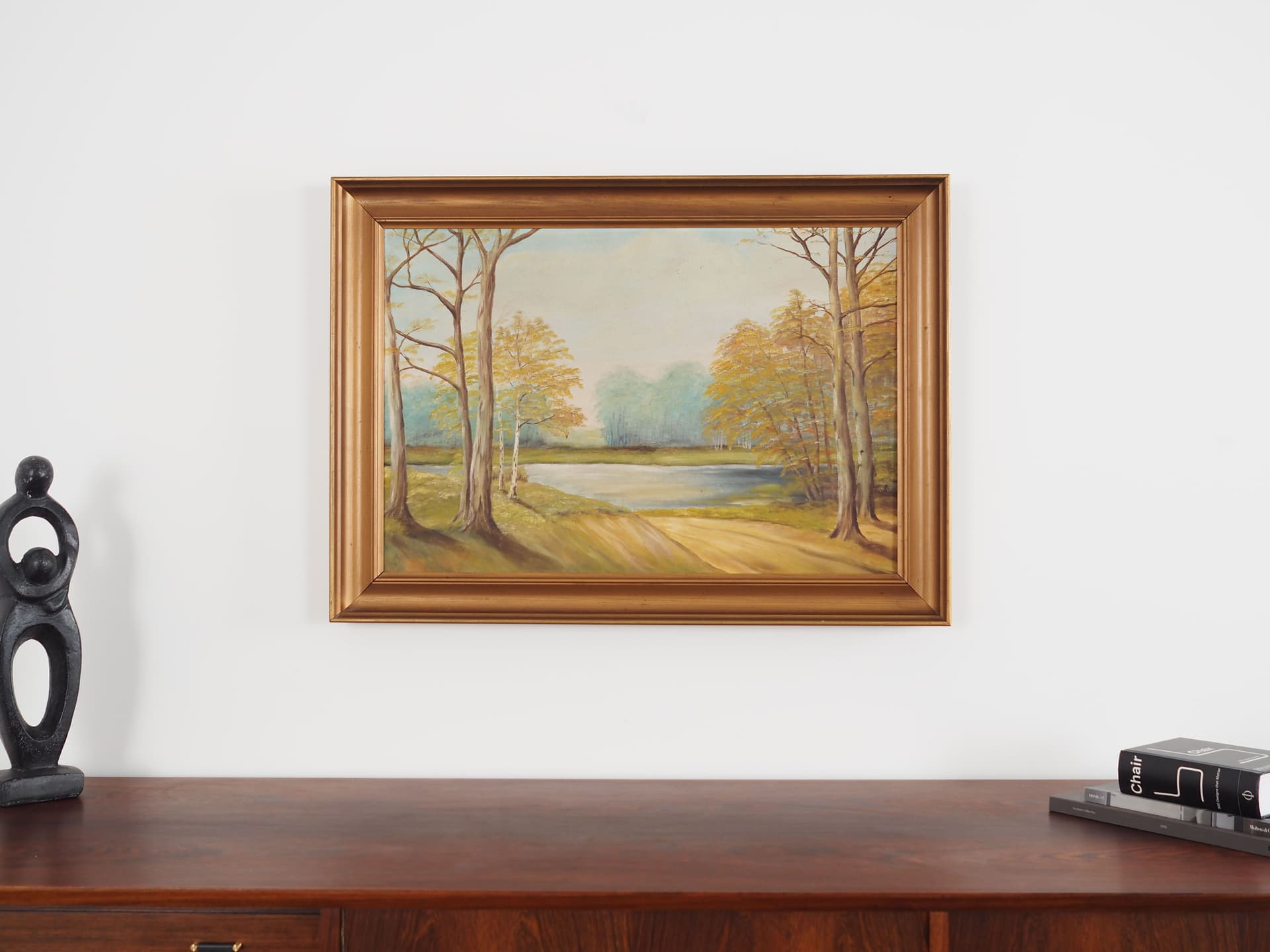 Painting Two Birches by the Pond, Scandinavian design, golden, canvas, wood, Poland, 1970s. - 66321