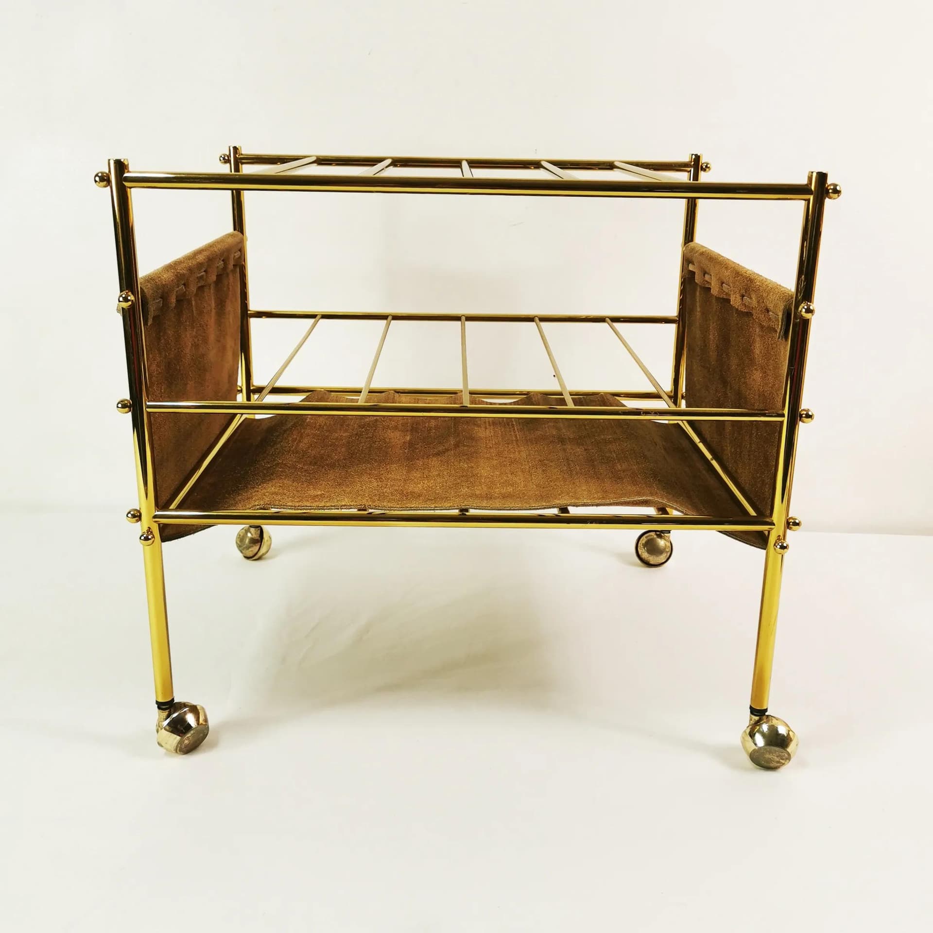 Stolik pomocniczy-gazetnik, Mid Century, mosiądz złoty, skóra brązowa, Niemcy, lata 60. - 336767