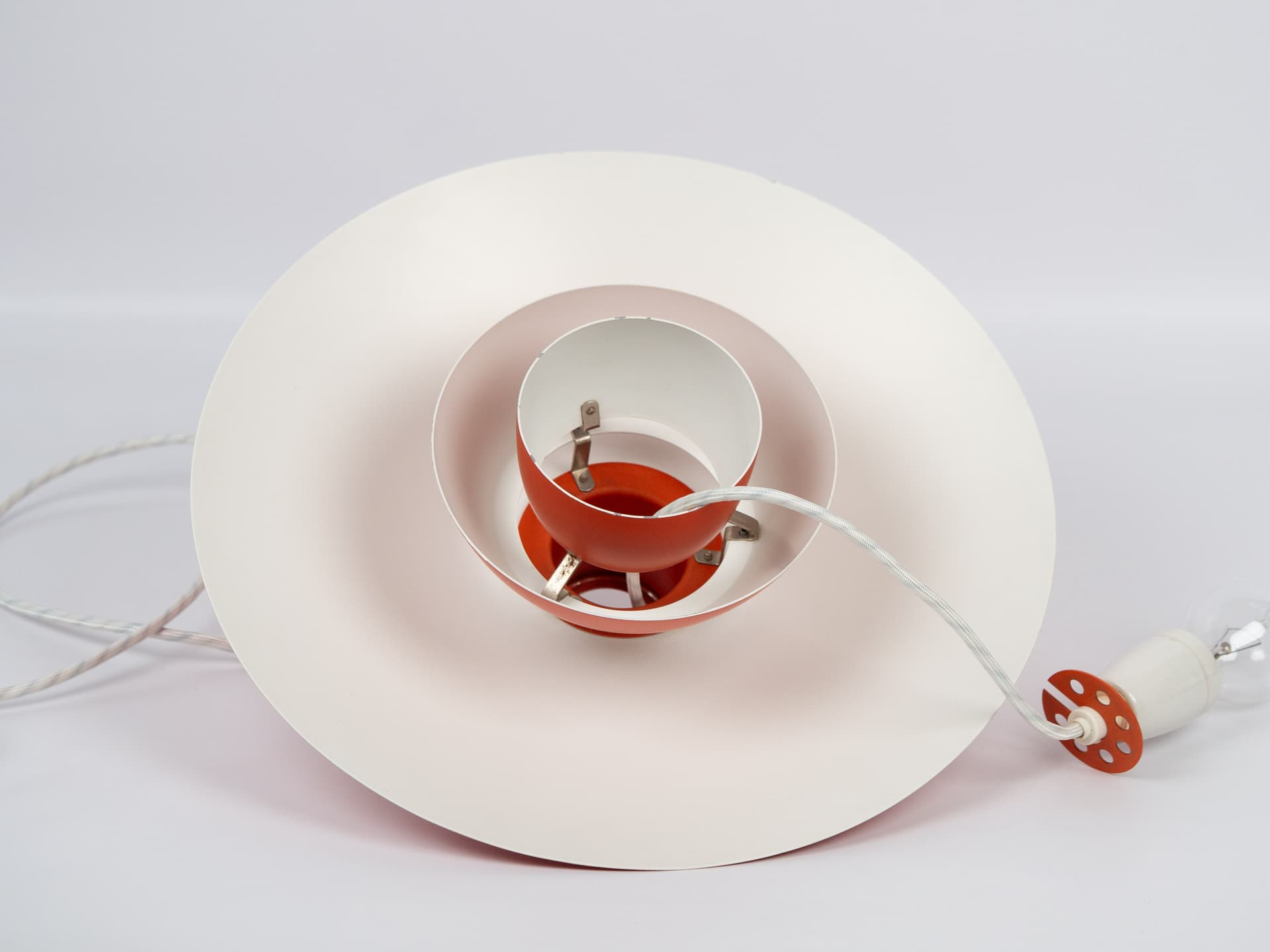 Pendant lamp PH 4/3, red orange, aluminum, by P. Henningsen, Louis Poulsen, Denmark, 1970s. - 336388