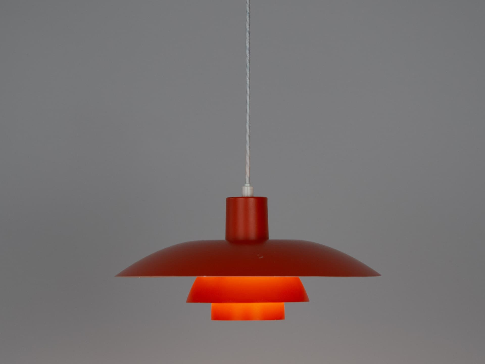 Pendant lamp PH 4/3, red orange, aluminum, by P. Henningsen, Louis Poulsen, Denmark, 1970s. - 336383