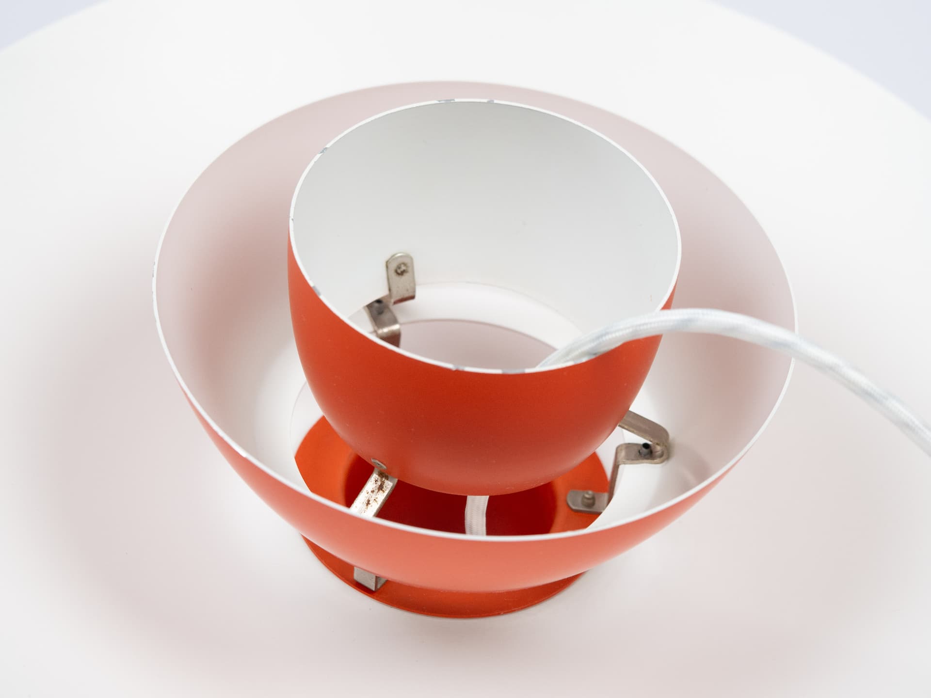 Pendant lamp PH 4/3, red orange, aluminum, by P. Henningsen, Louis Poulsen, Denmark, 1970s. - 336389