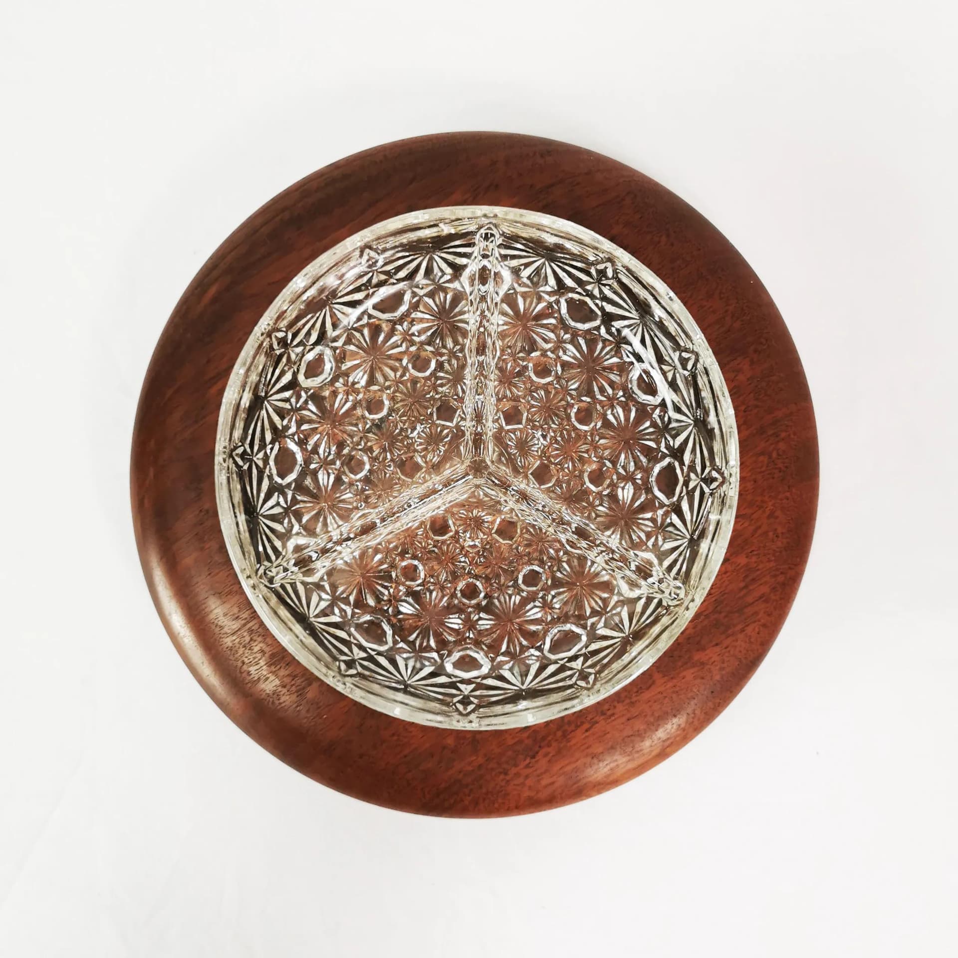 Patera na przekąski Mid Century, teak brązowy, szkło przezroczyste, proj. R. Forgan Bwt, Wielka Brytania, lata 60. - 336749