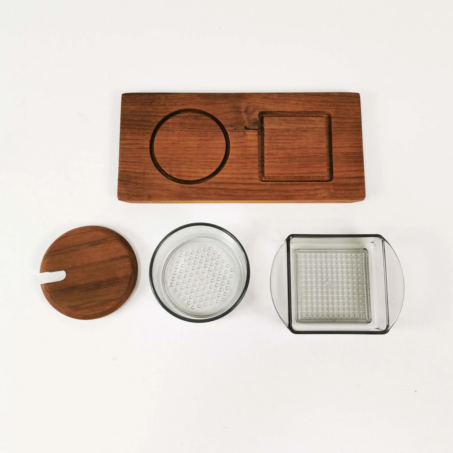 Spice set Mid Century, brown teak, transparent glass, Denmark, 1960s. - 336424