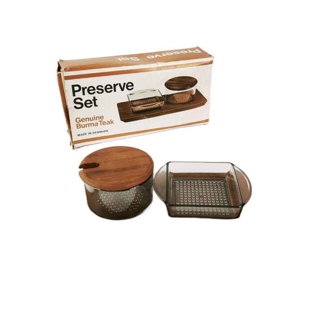 Spice set Mid Century, brown teak, transparent glass, Denmark, 1960s. - DIMENSION