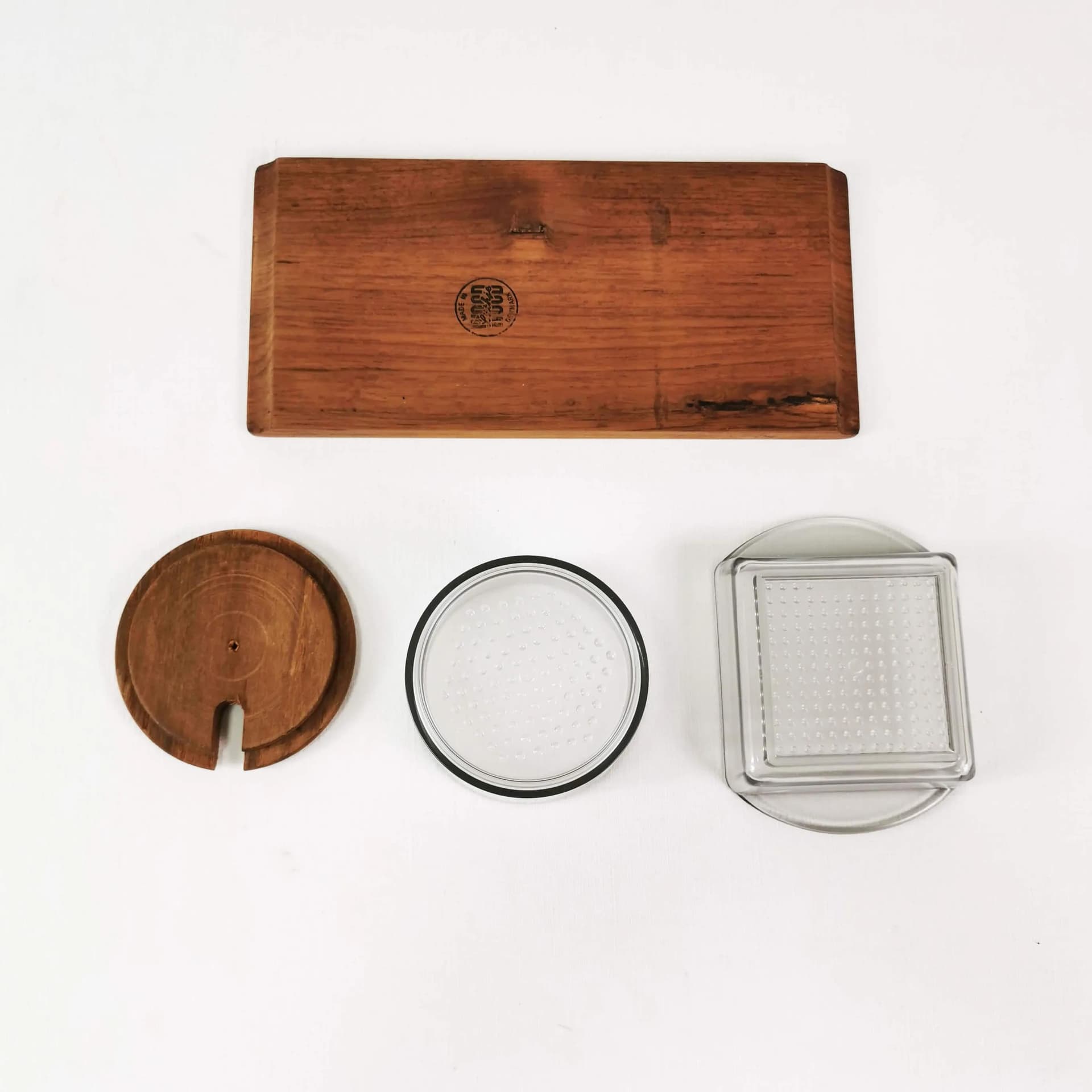 Spice set Mid Century, brown teak, transparent glass, Denmark, 1960s. - 336425