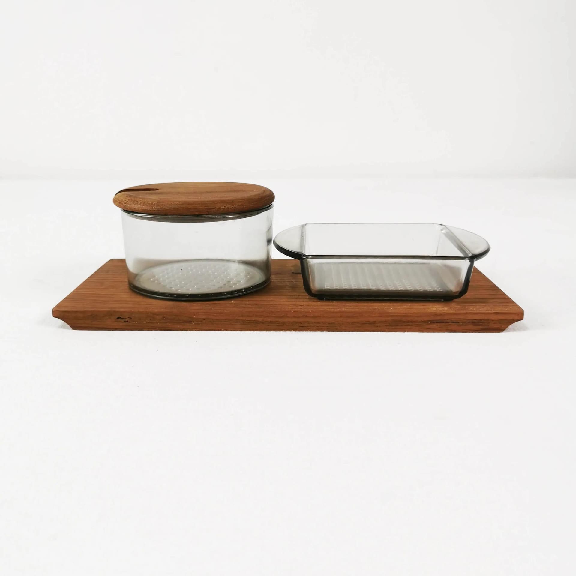 Spice set Mid Century, brown teak, transparent glass, Denmark, 1960s. - 336423