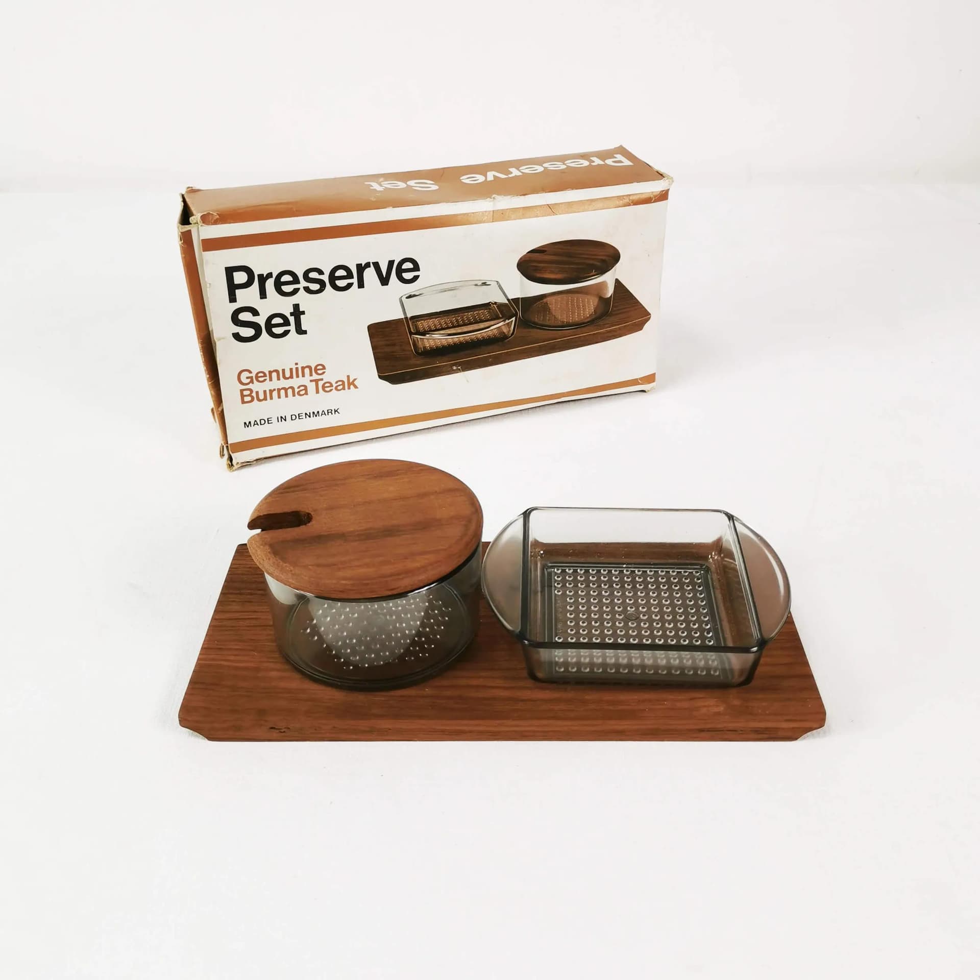 Spice set Mid Century, brown teak, transparent glass, Denmark, 1960s. - 336421