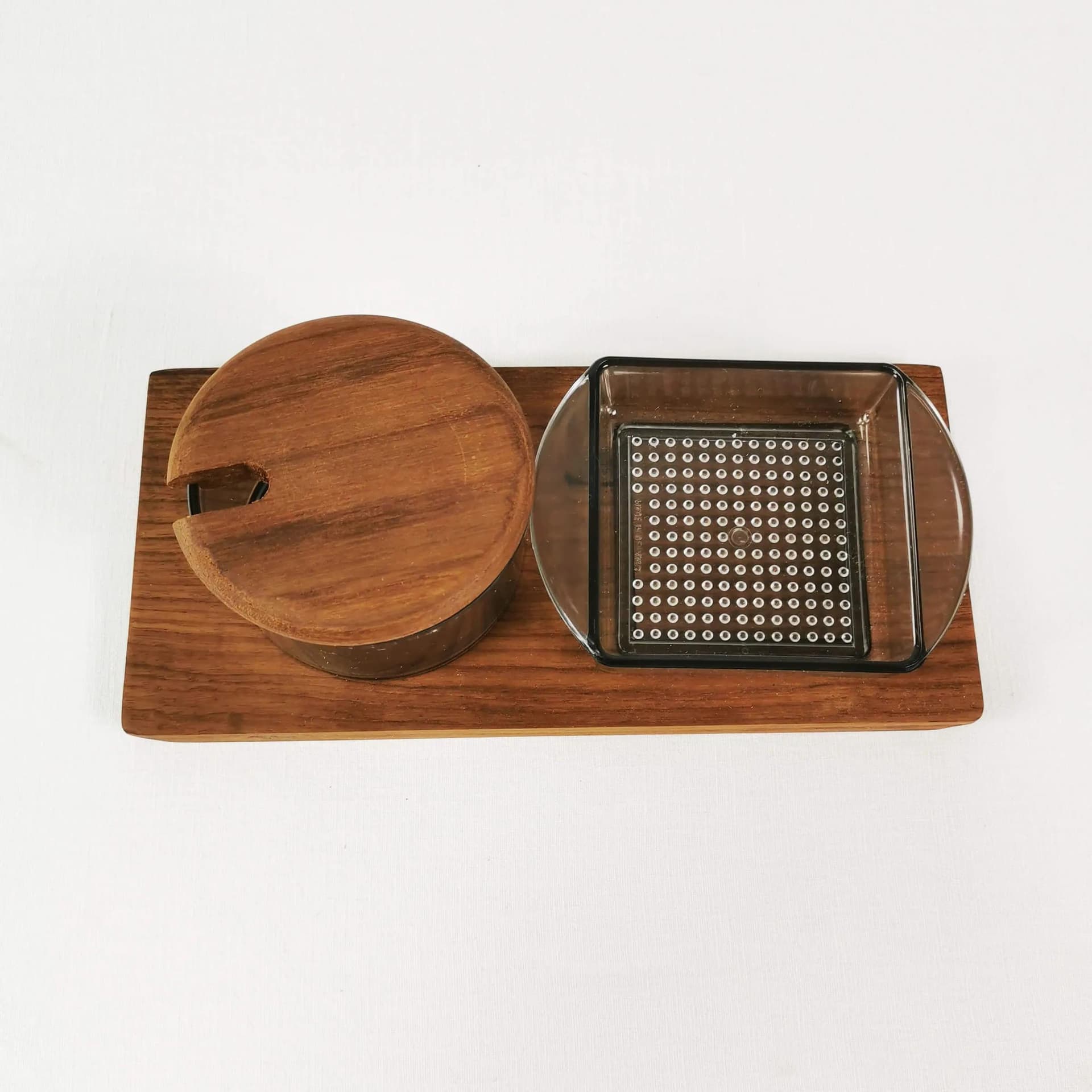 Spice set Mid Century, brown teak, transparent glass, Denmark, 1960s. - 336422