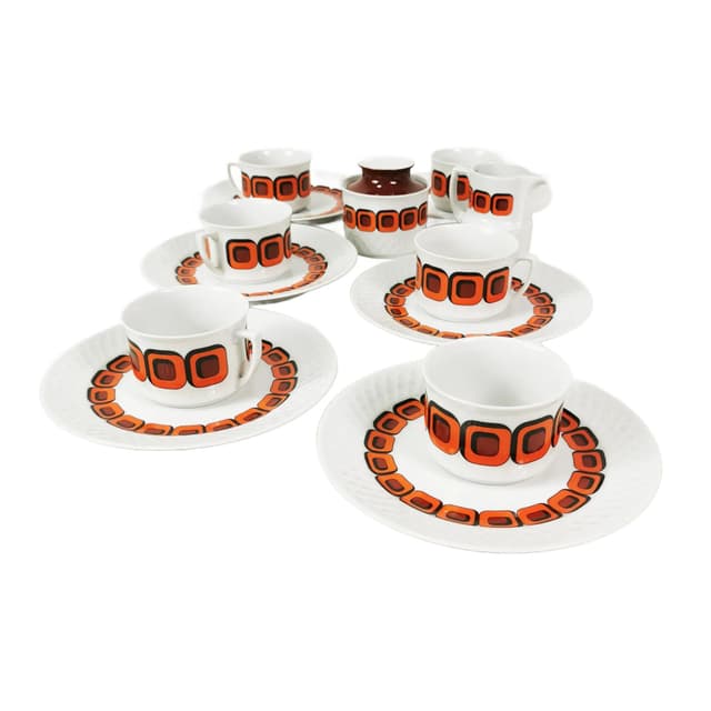 Zestaw piętnastoelementowy kawowo-herbaciany Space Age, biały pomarańczowy czarny, porcelana, Schirnding, Niemcy, lata 70. - WYMIARY