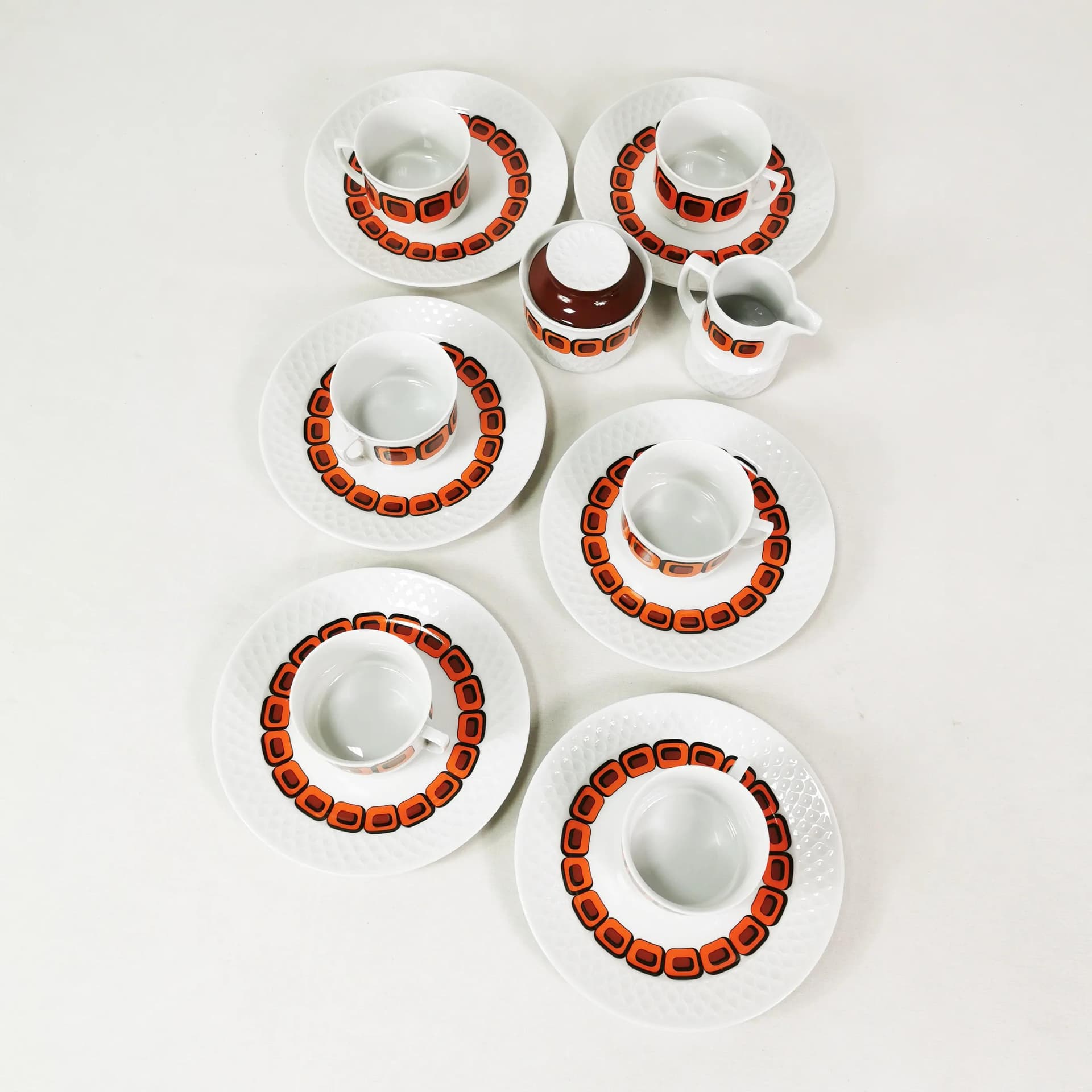 Zestaw piętnastoelementowy kawowo-herbaciany Space Age, biały pomarańczowy czarny, porcelana, Schirnding, Niemcy, lata 70. - 340114