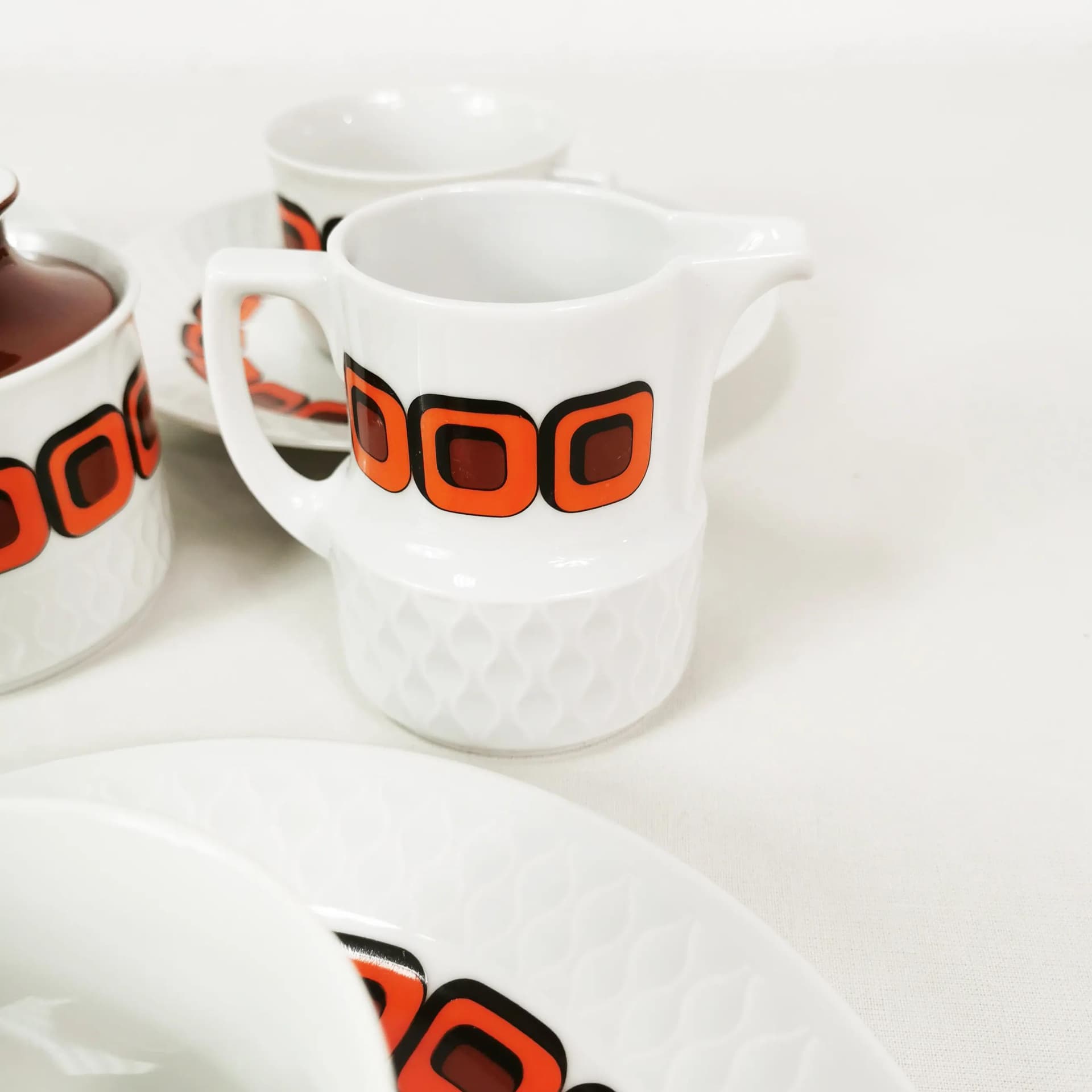 Zestaw piętnastoelementowy kawowo-herbaciany Space Age, biały pomarańczowy czarny, porcelana, Schirnding, Niemcy, lata 70. - 340120