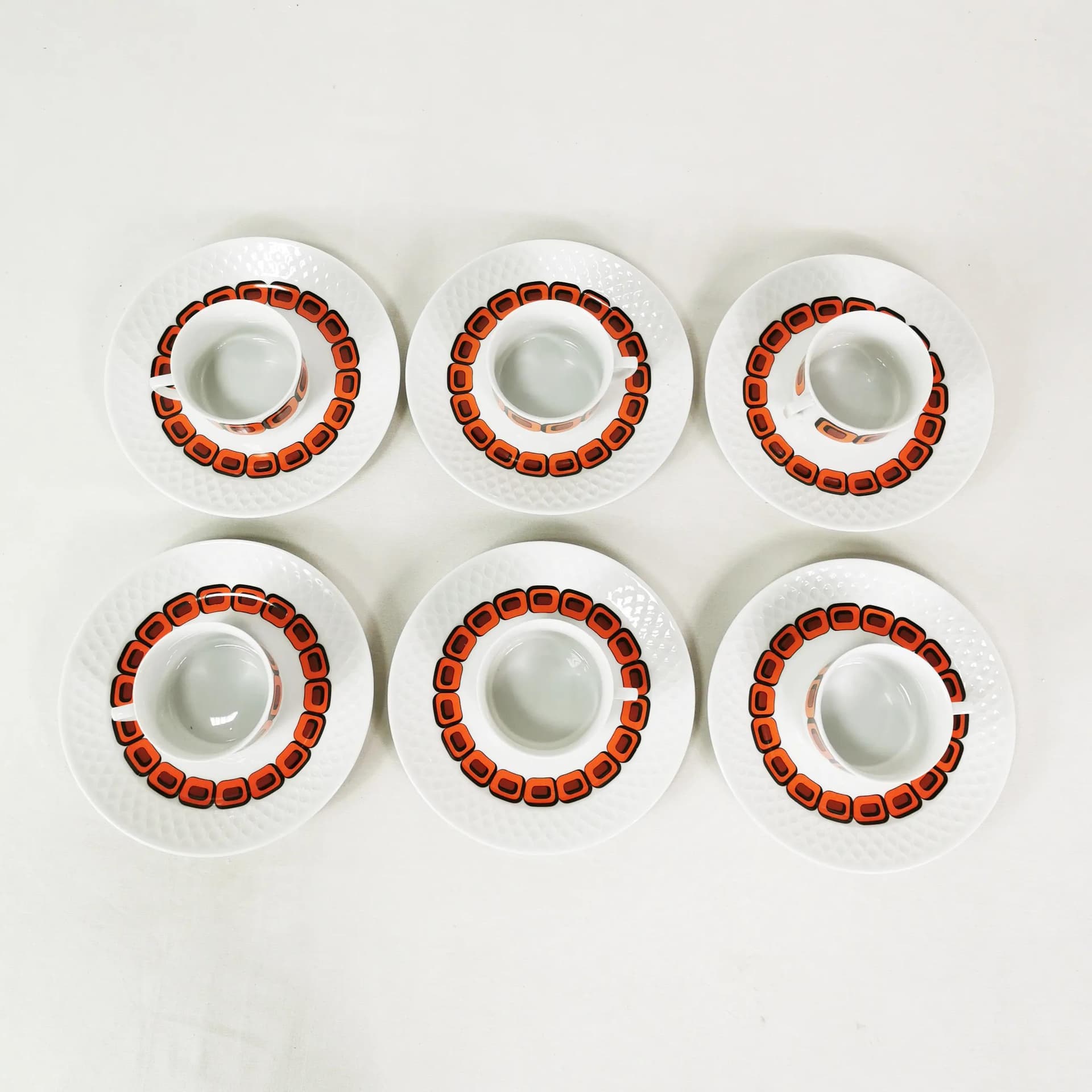 Zestaw piętnastoelementowy kawowo-herbaciany Space Age, biały pomarańczowy czarny, porcelana, Schirnding, Niemcy, lata 70. - 340118