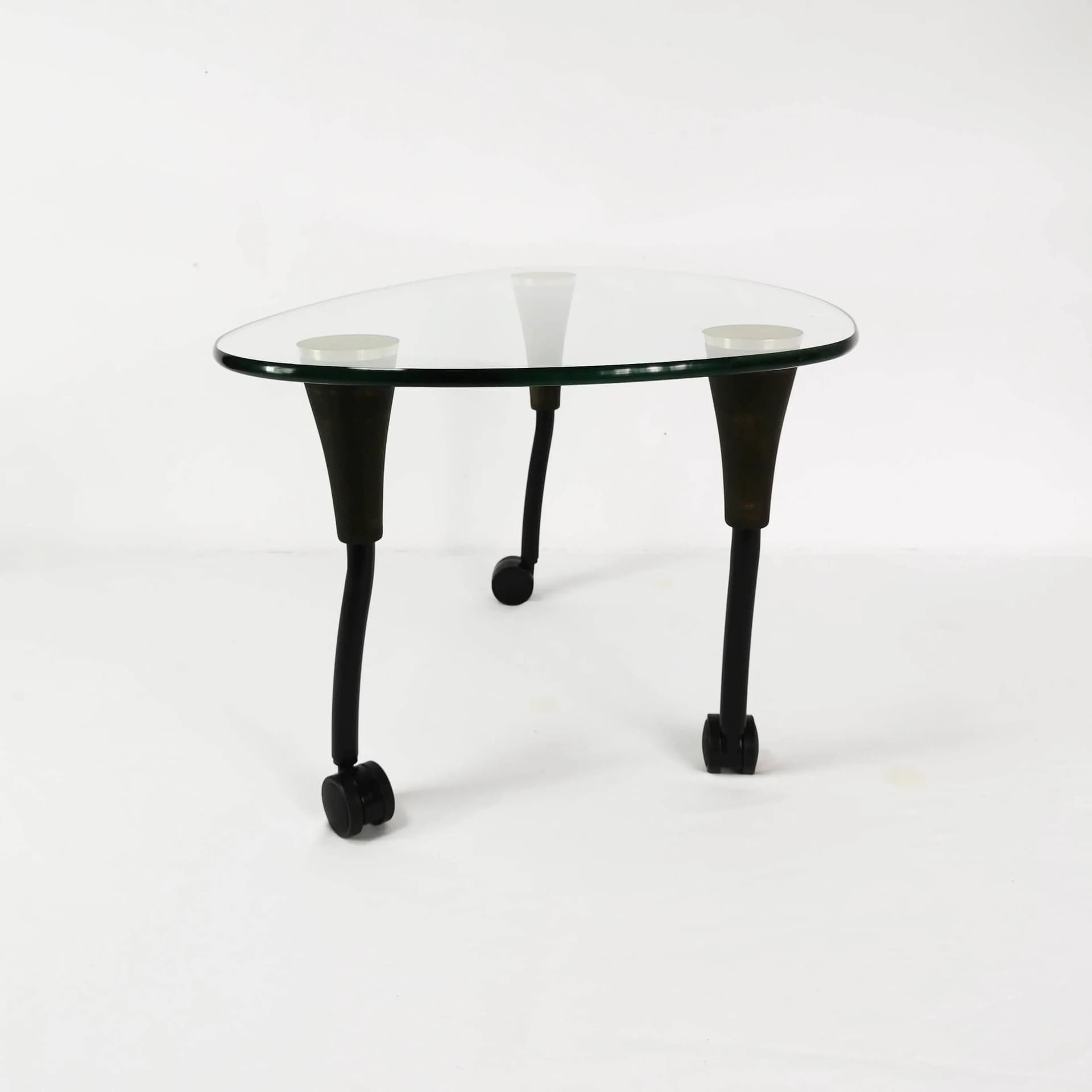 Coffee Table Postmodernist, transparent glass, black metal, golden brass, brown beech, Germany, 1980s. - 340107