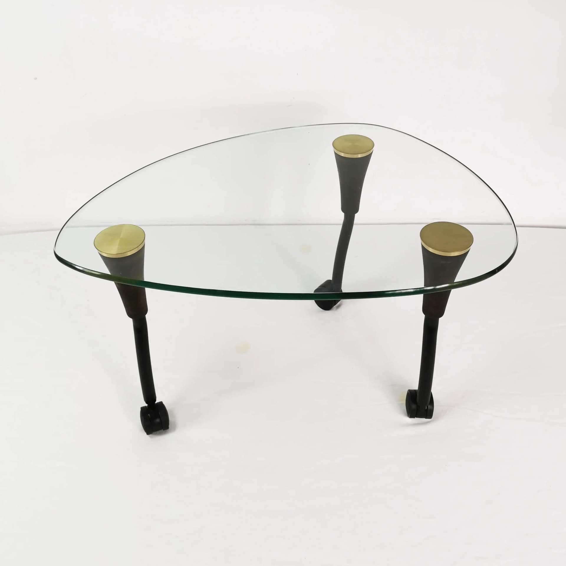 Coffee Table Postmodernist, transparent glass, black metal, golden brass, brown beech, Germany, 1980s. - 340102