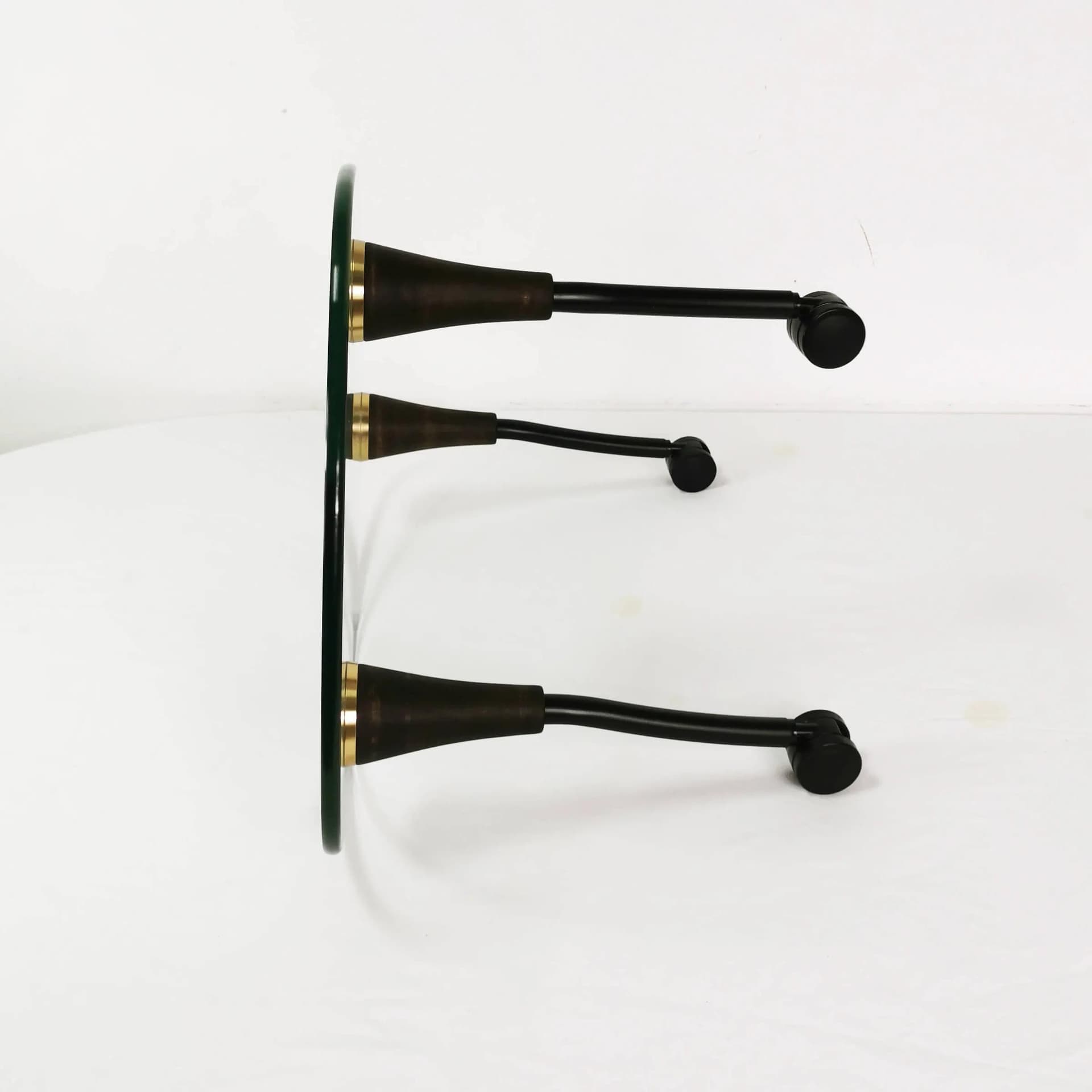 Coffee Table Postmodernist, transparent glass, black metal, golden brass, brown beech, Germany, 1980s. - 340111