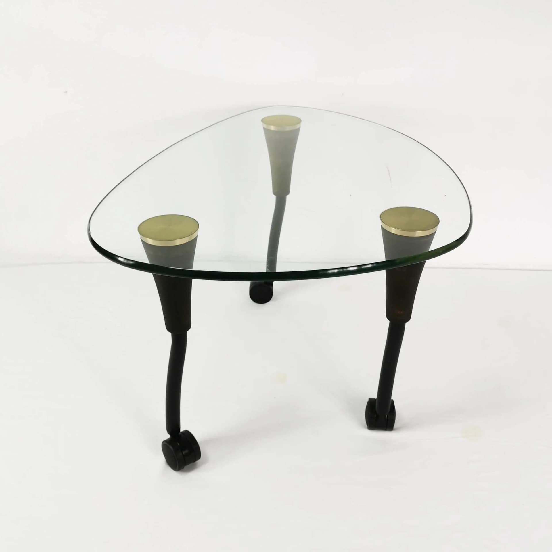 Coffee Table Postmodernist, transparent glass, black metal, golden brass, brown beech, Germany, 1980s. - 340108