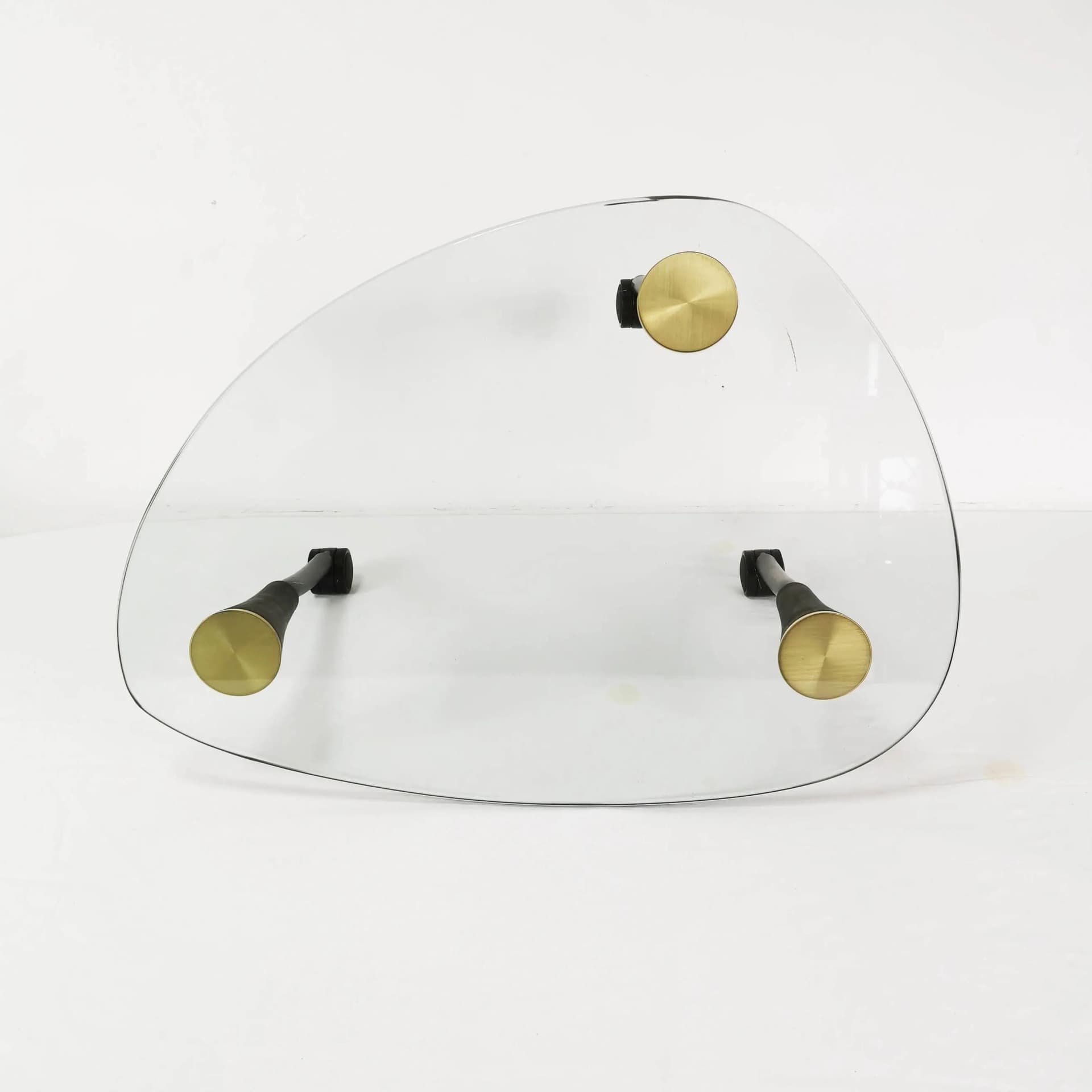 Coffee Table Postmodernist, transparent glass, black metal, golden brass, brown beech, Germany, 1980s. - 340109