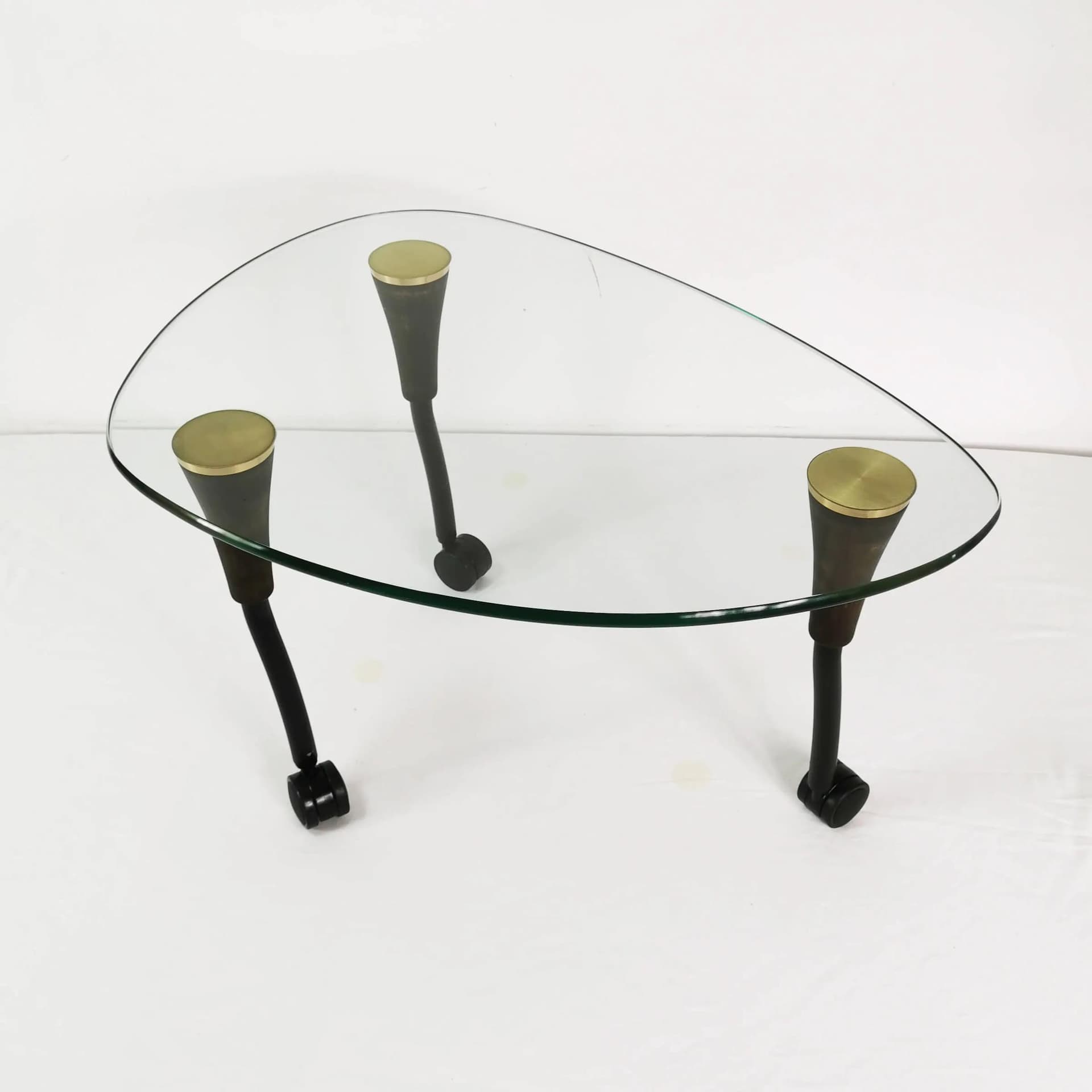 Coffee Table Postmodernist, transparent glass, black metal, golden brass, brown beech, Germany, 1980s. - 340104