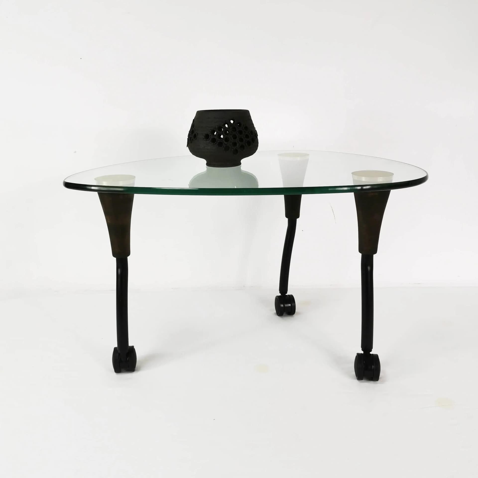 Coffee Table Postmodernist, transparent glass, black metal, golden brass, brown beech, Germany, 1980s. - 340103