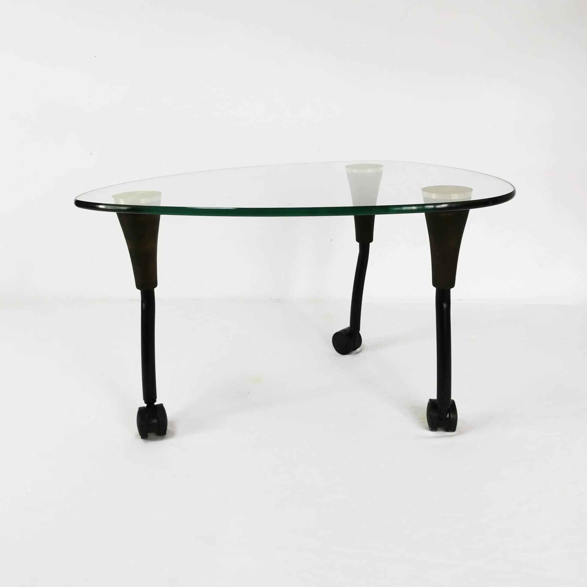 Coffee Table Postmodernist, transparent glass, black metal, golden brass, brown beech, Germany, 1980s. - 340106