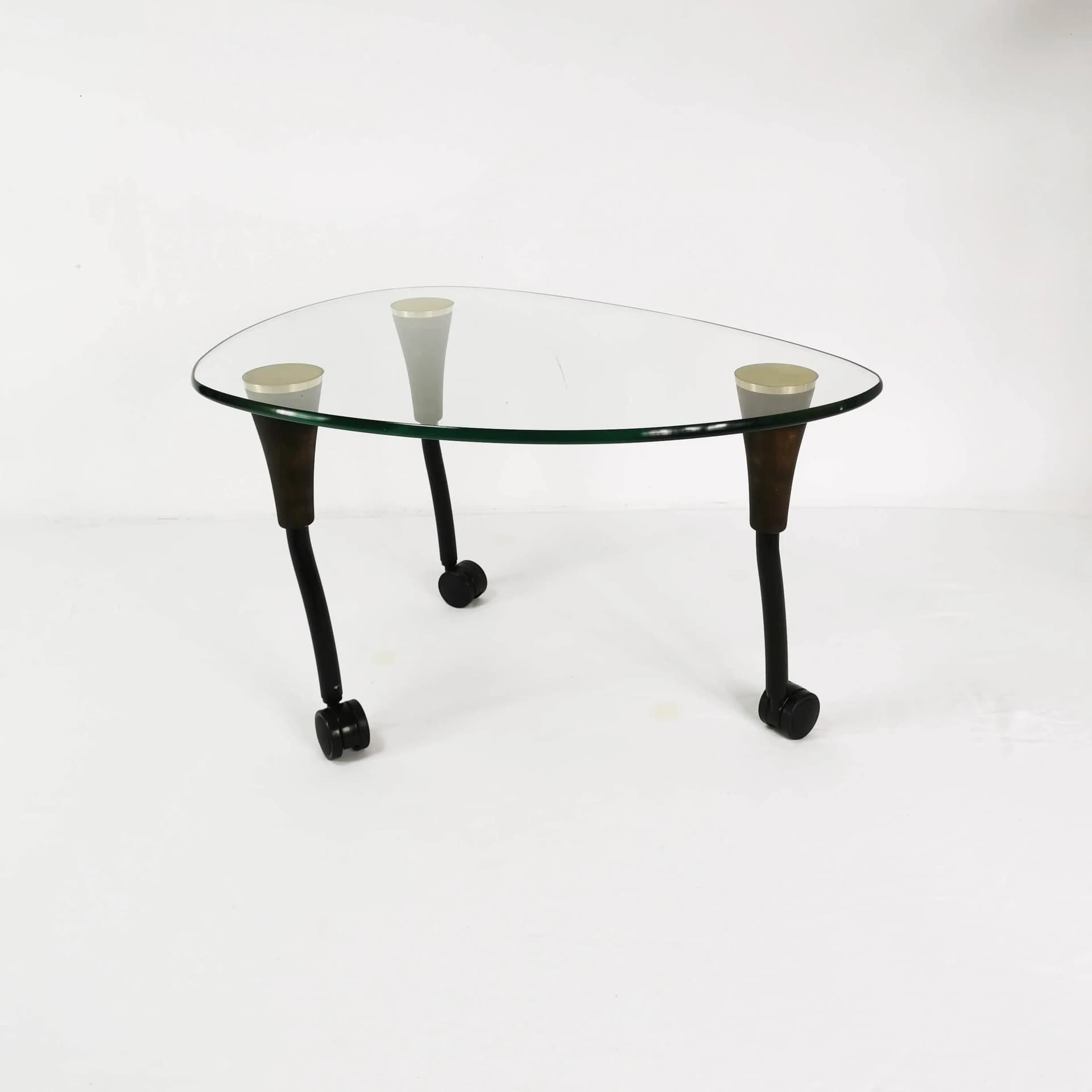 Coffee Table Postmodernist, transparent glass, black metal, golden brass, brown beech, Germany, 1980s. - 340105
