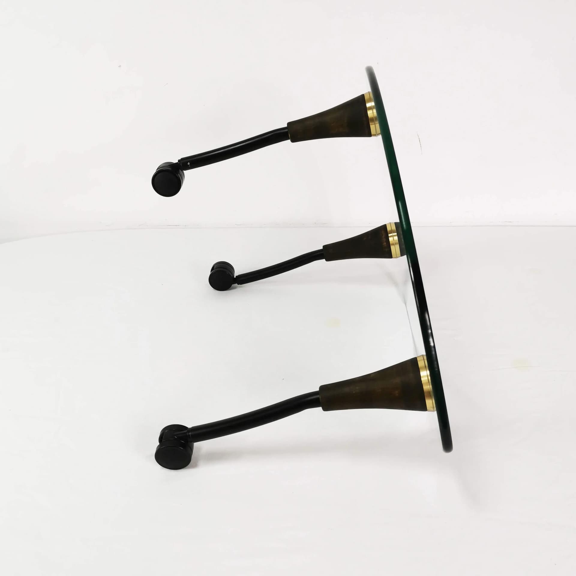 Coffee Table Postmodernist, transparent glass, black metal, golden brass, brown beech, Germany, 1980s. - 340110