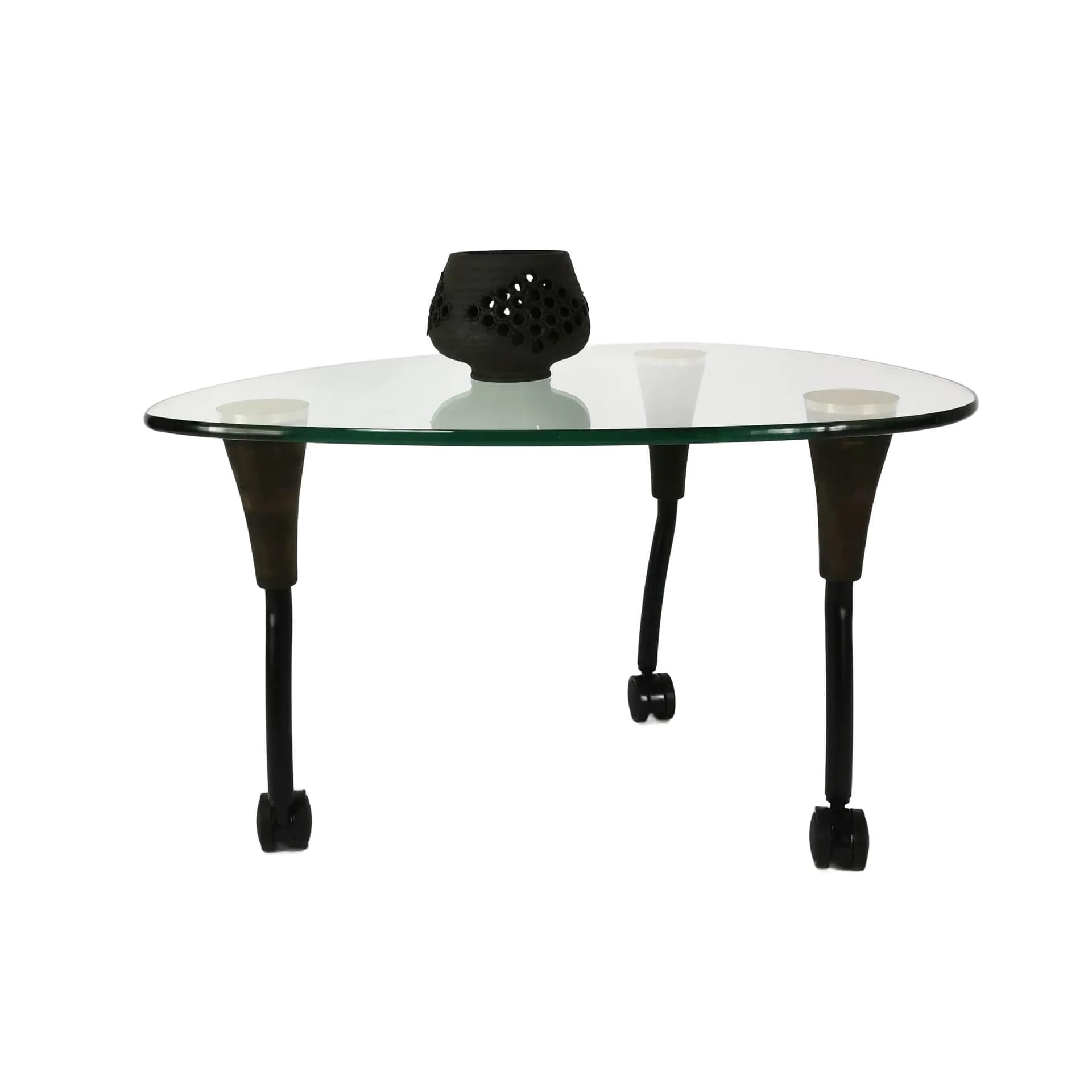 Coffee Table Postmodernist, transparent glass, black metal, golden brass, brown beech, Germany, 1980s.