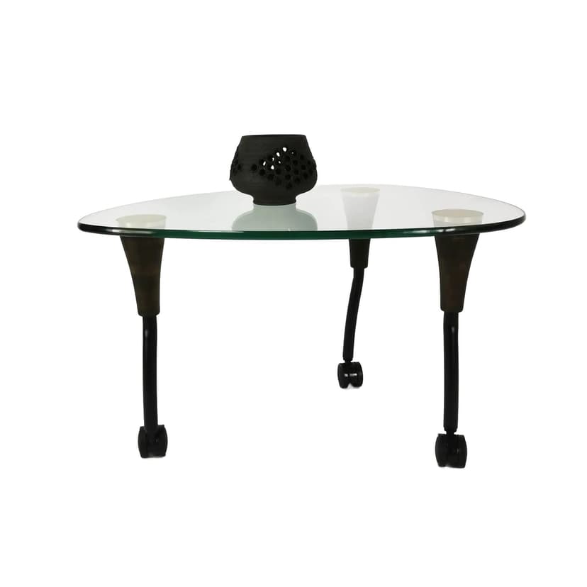 Coffee Table Postmodernist, transparent glass, black metal, golden brass, brown beech, Germany, 1980s.