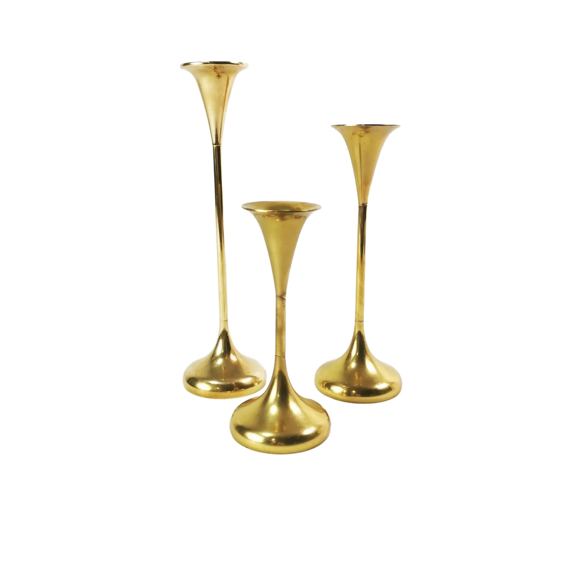Set of three modernist candlesticks, gold brass, Denmark, 1960s