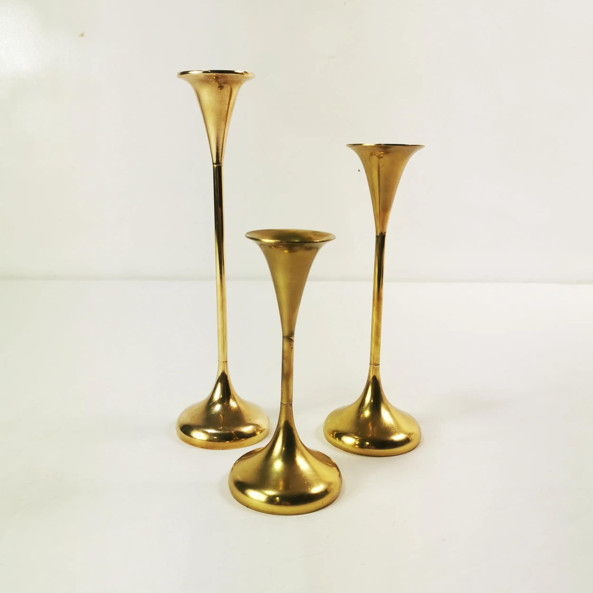 Set of three modernist candlesticks, gold brass, Denmark, 1960s - 340060