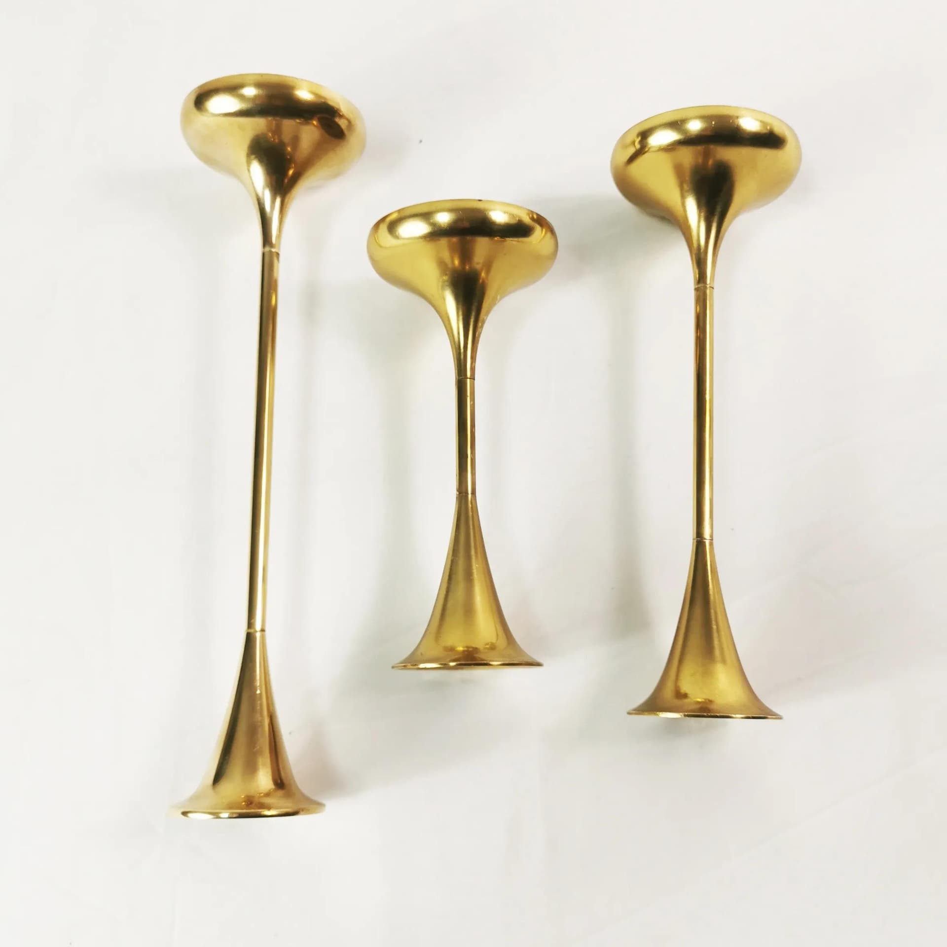 Set of three modernist candlesticks, gold brass, Denmark, 1960s - 340056